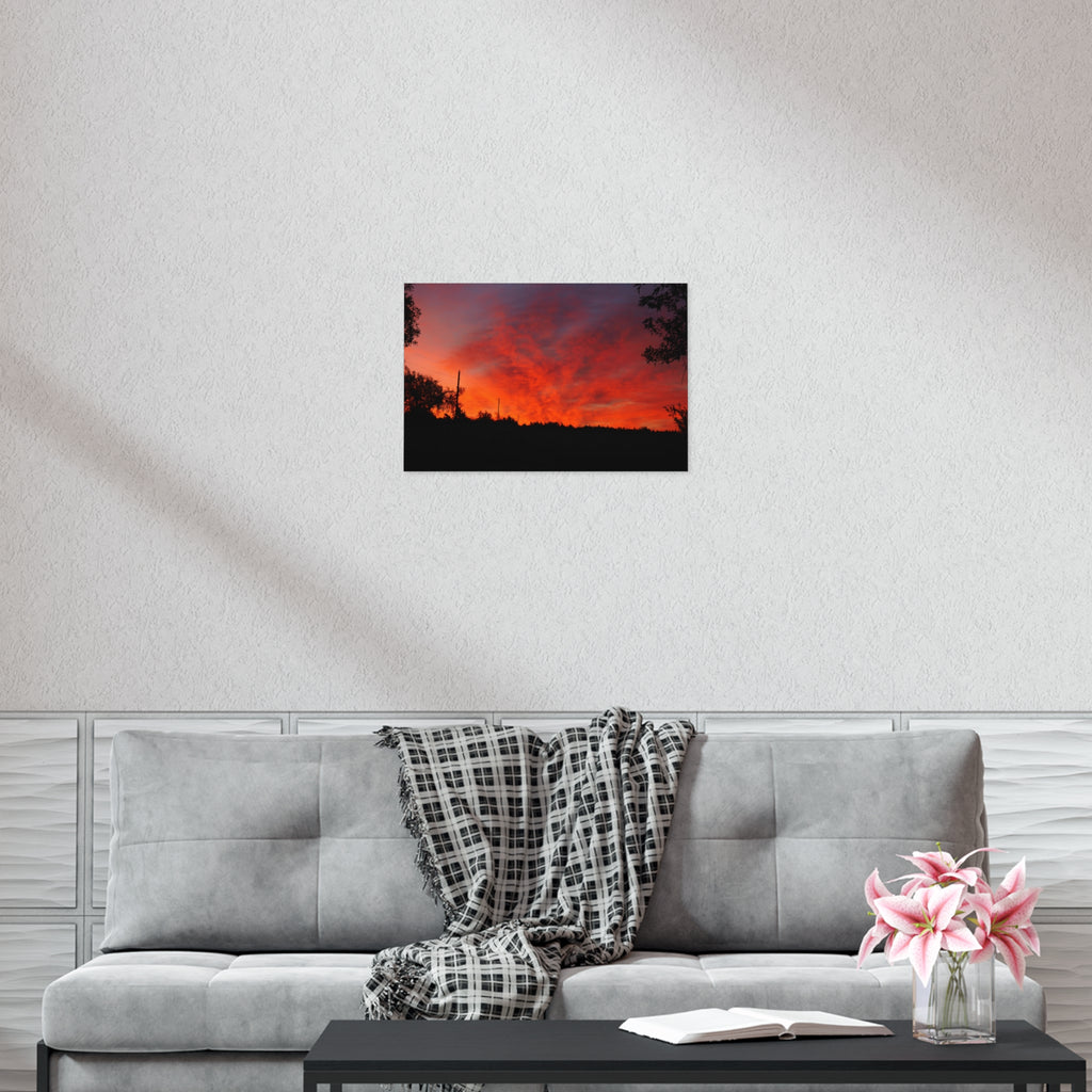 Sunset Landscape Poster — Vibrant Red Orange Sky Wall Art