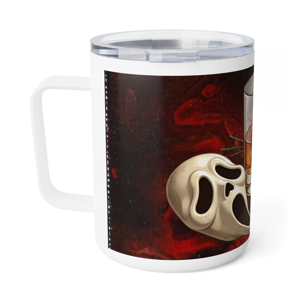 10oz Insulated Coffee Mug — Gothic Dark Romance Stalker Whiskey Glass & Skull Mask with Red Roses