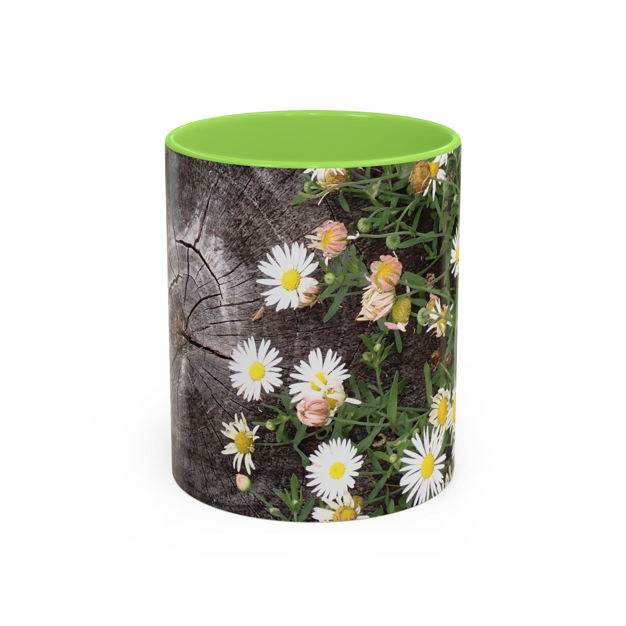 Daisy Floral Coffee Mug (11oz & 15oz) — White Daisies on Rustic Wood Background