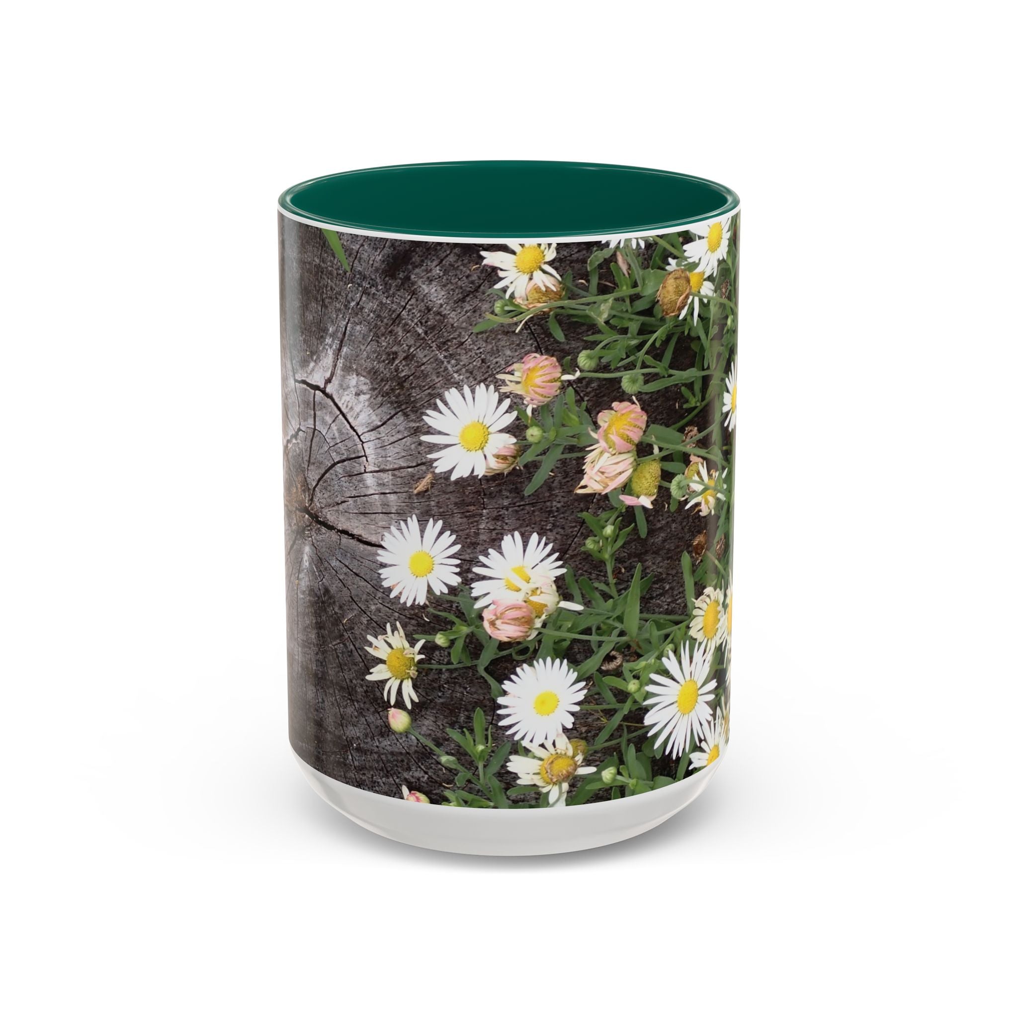 Daisy Floral Coffee Mug (11oz & 15oz) — White Daisies on Rustic Wood Background