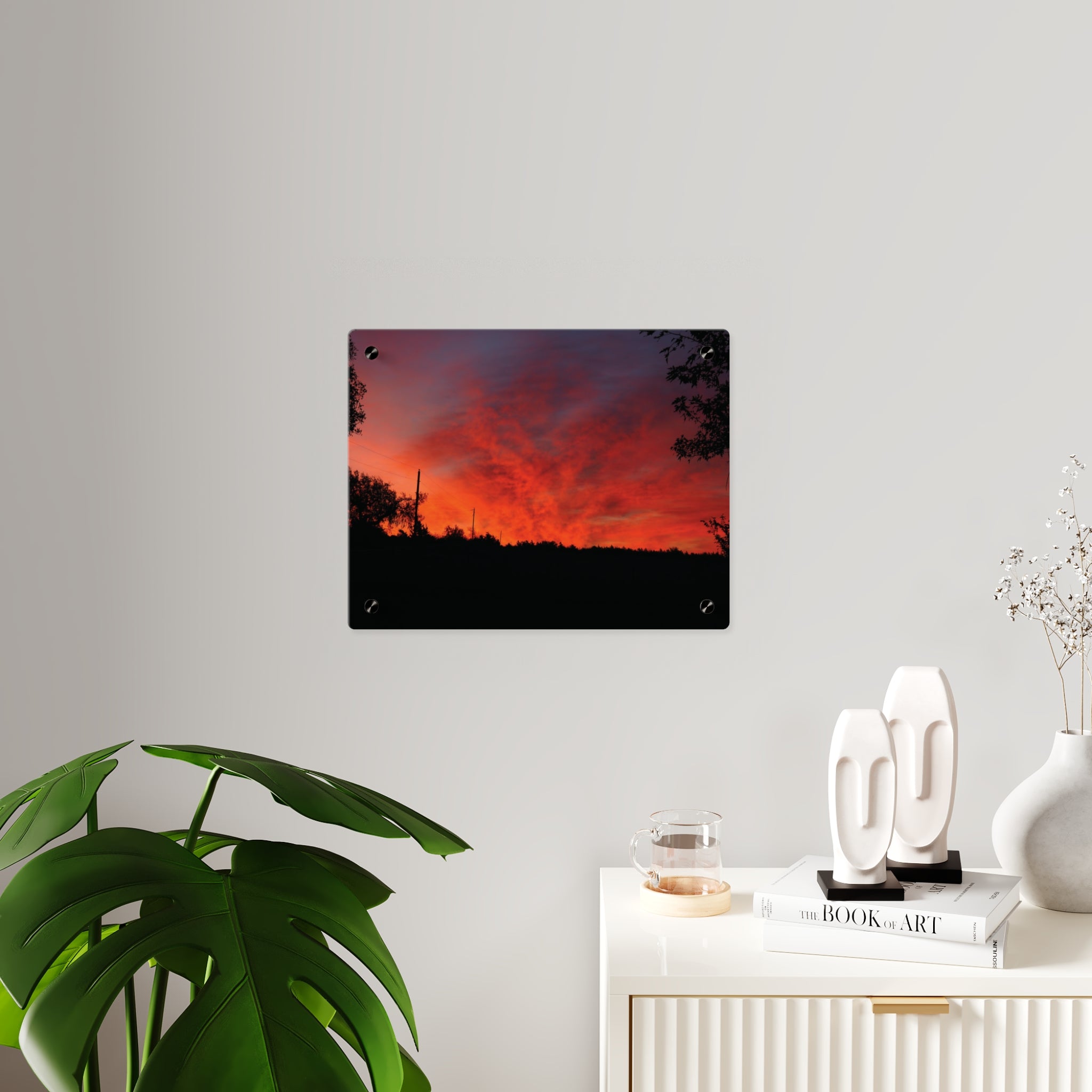 Sunset Silhouette Acrylic Wall Art Panel – Vibrant Red Orange Sky