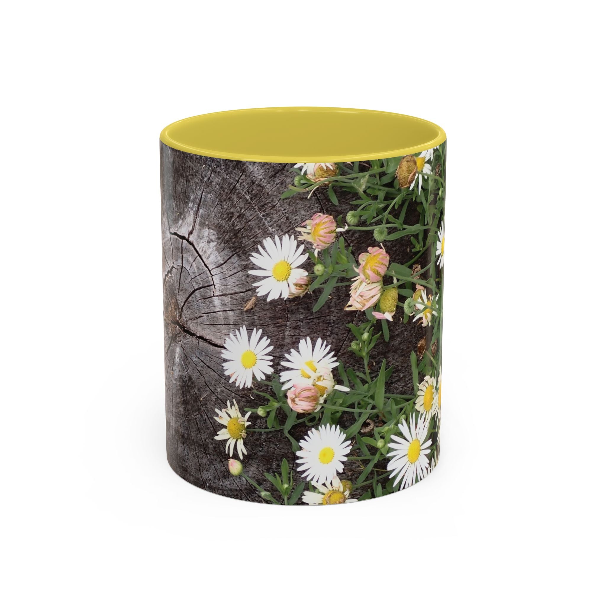 Daisy Floral Coffee Mug (11oz & 15oz) — White Daisies on Rustic Wood Background