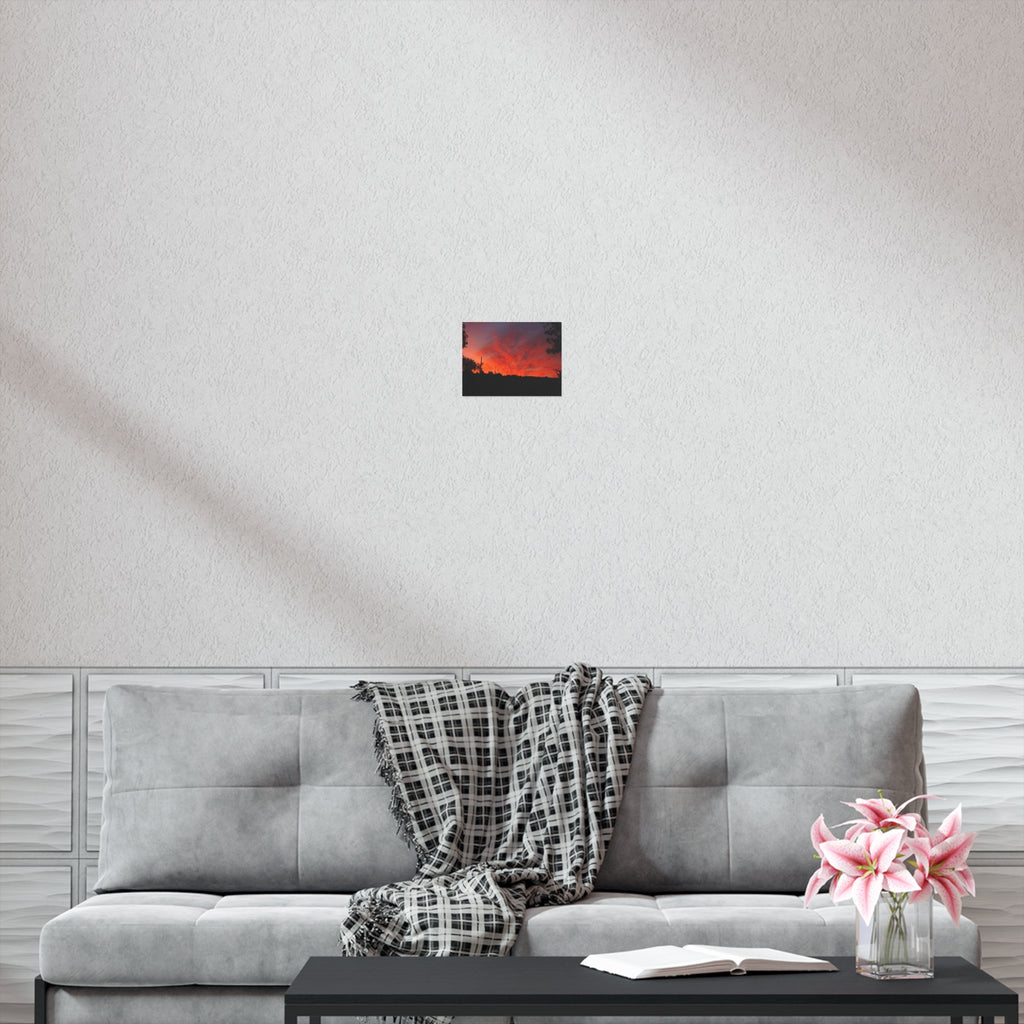 Sunset Landscape Poster — Vibrant Red Orange Sky Wall Art