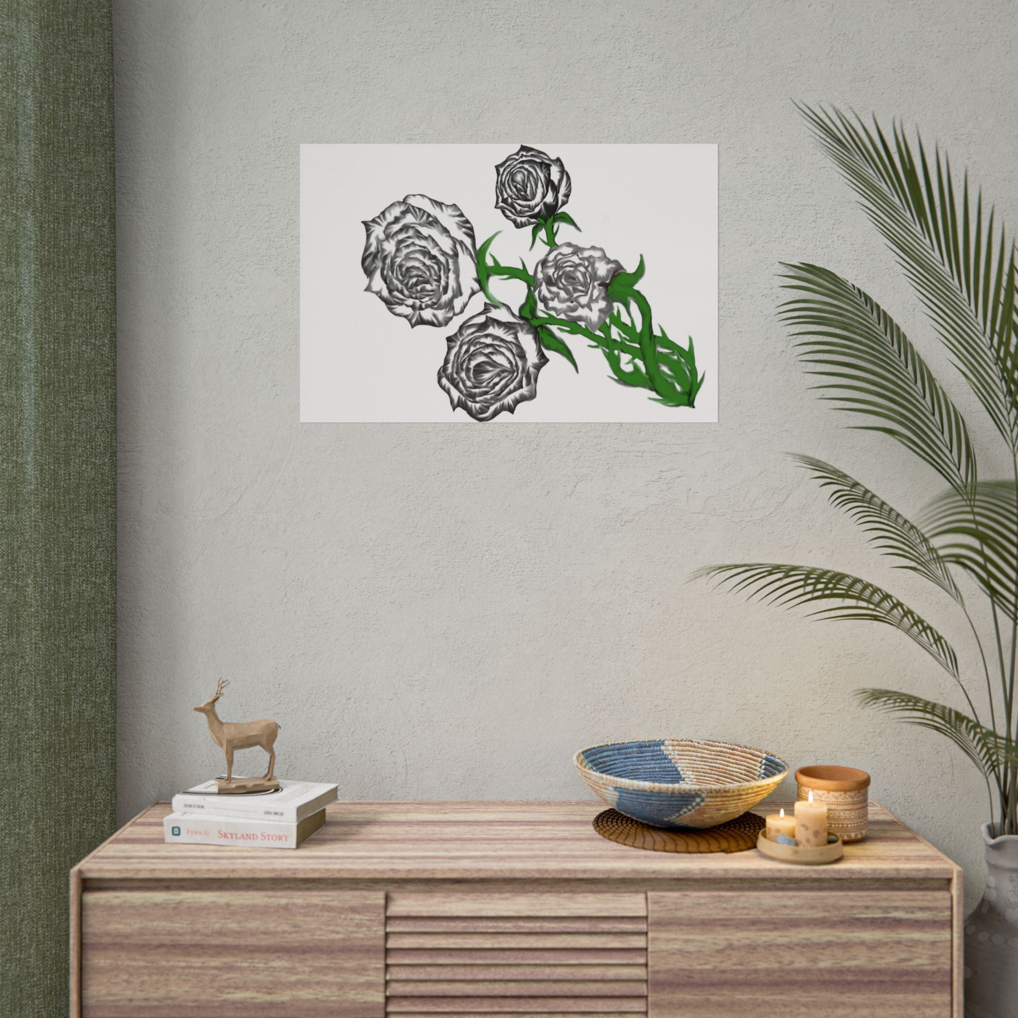 Rolled Poster — Hand-Drawn Black Rose Bouquet Floral Art Print