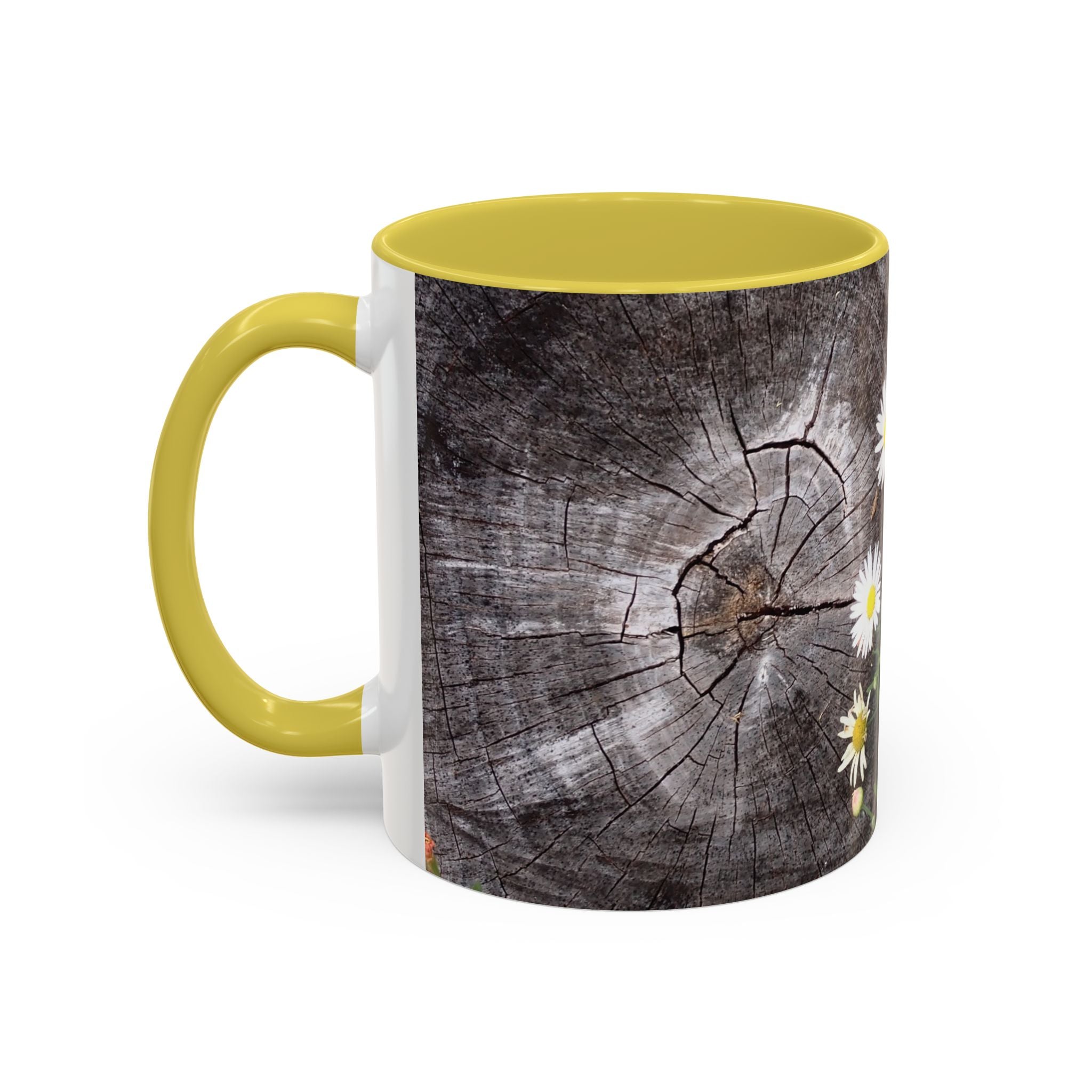 Daisy Floral Coffee Mug (11oz & 15oz) — White Daisies on Rustic Wood Background