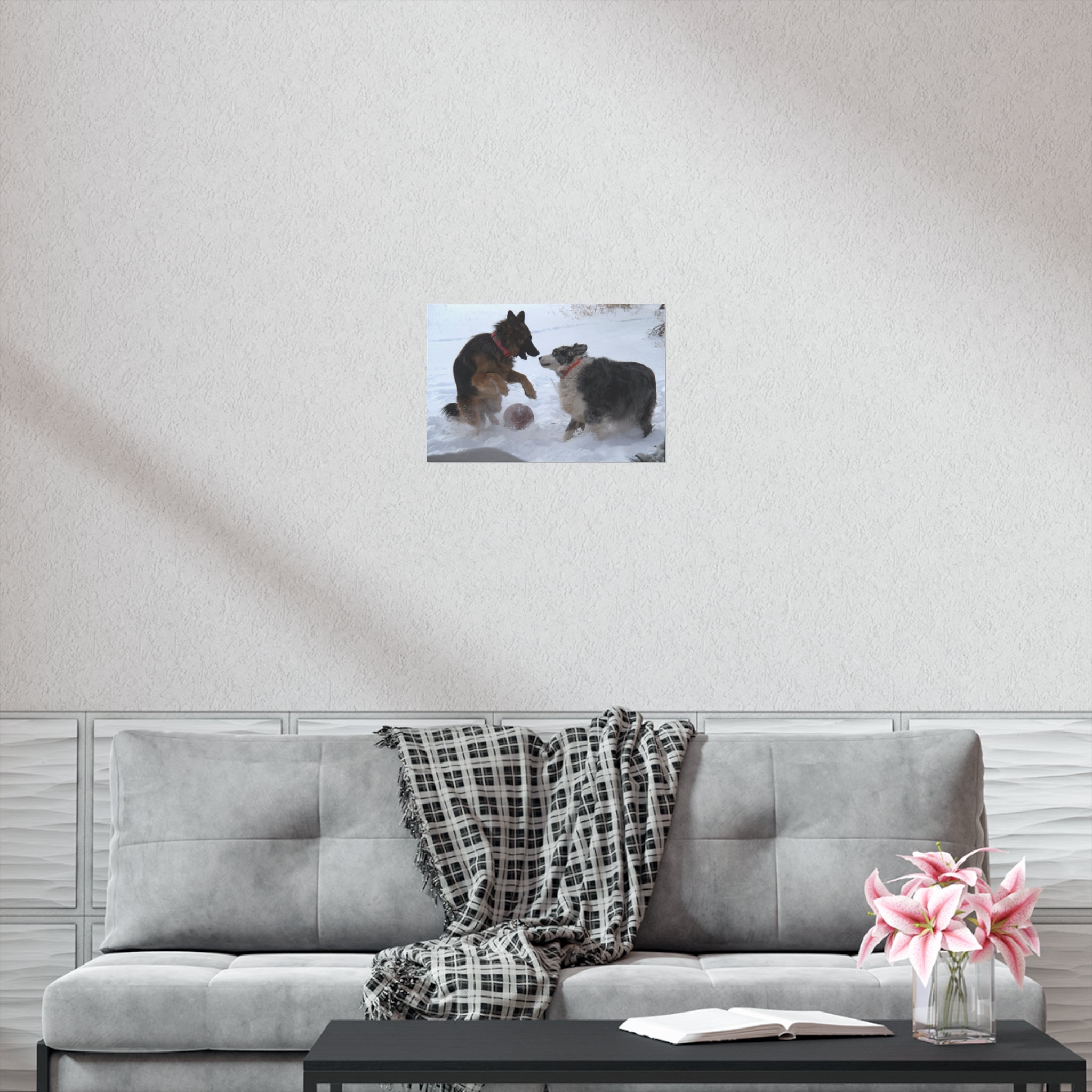 Dog Playful Winter Photo Poster — Two Dogs Playing in Snow Wall Art