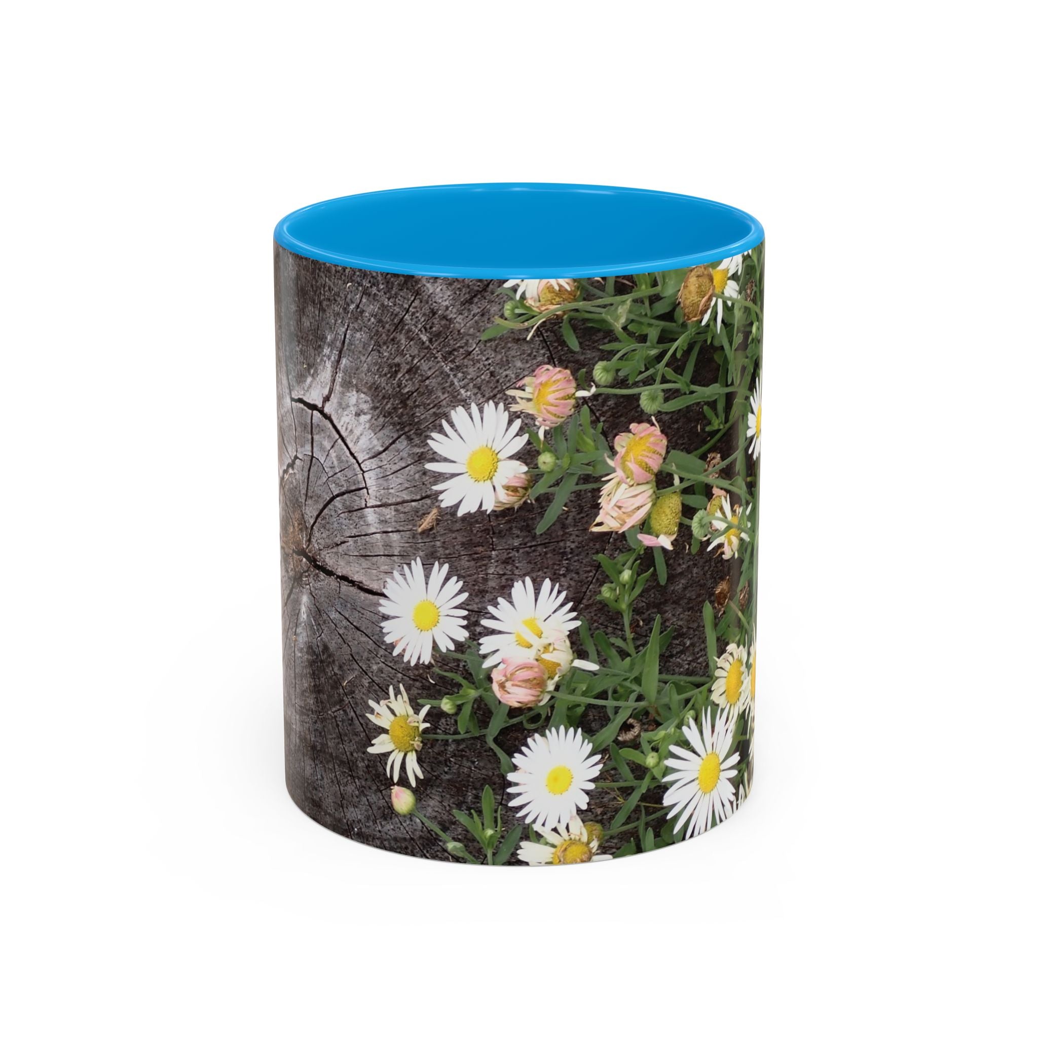Daisy Floral Coffee Mug (11oz & 15oz) — White Daisies on Rustic Wood Background