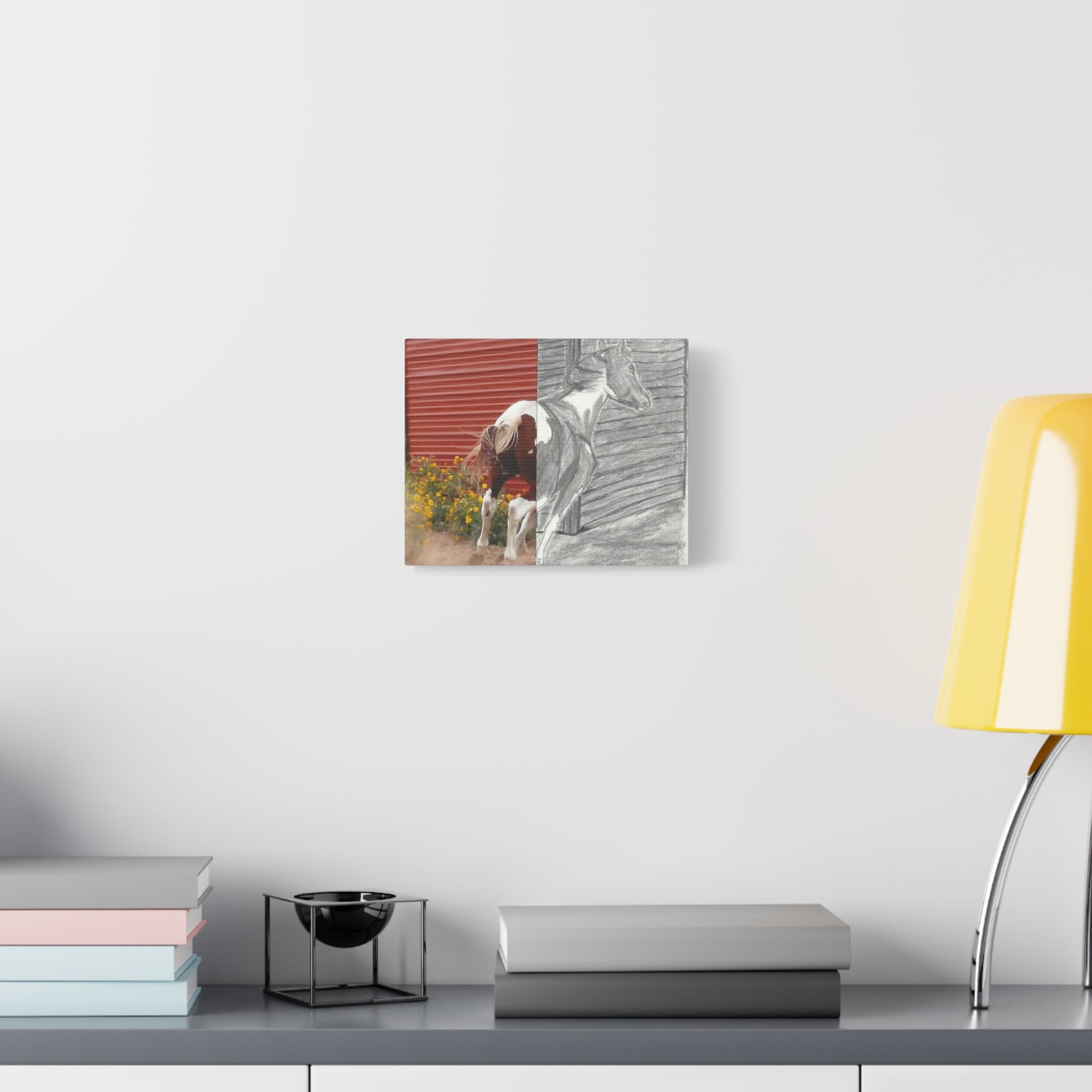 Half-Photo Half-Sketch Horse Canvas - Rustic Red Barn Wall Art