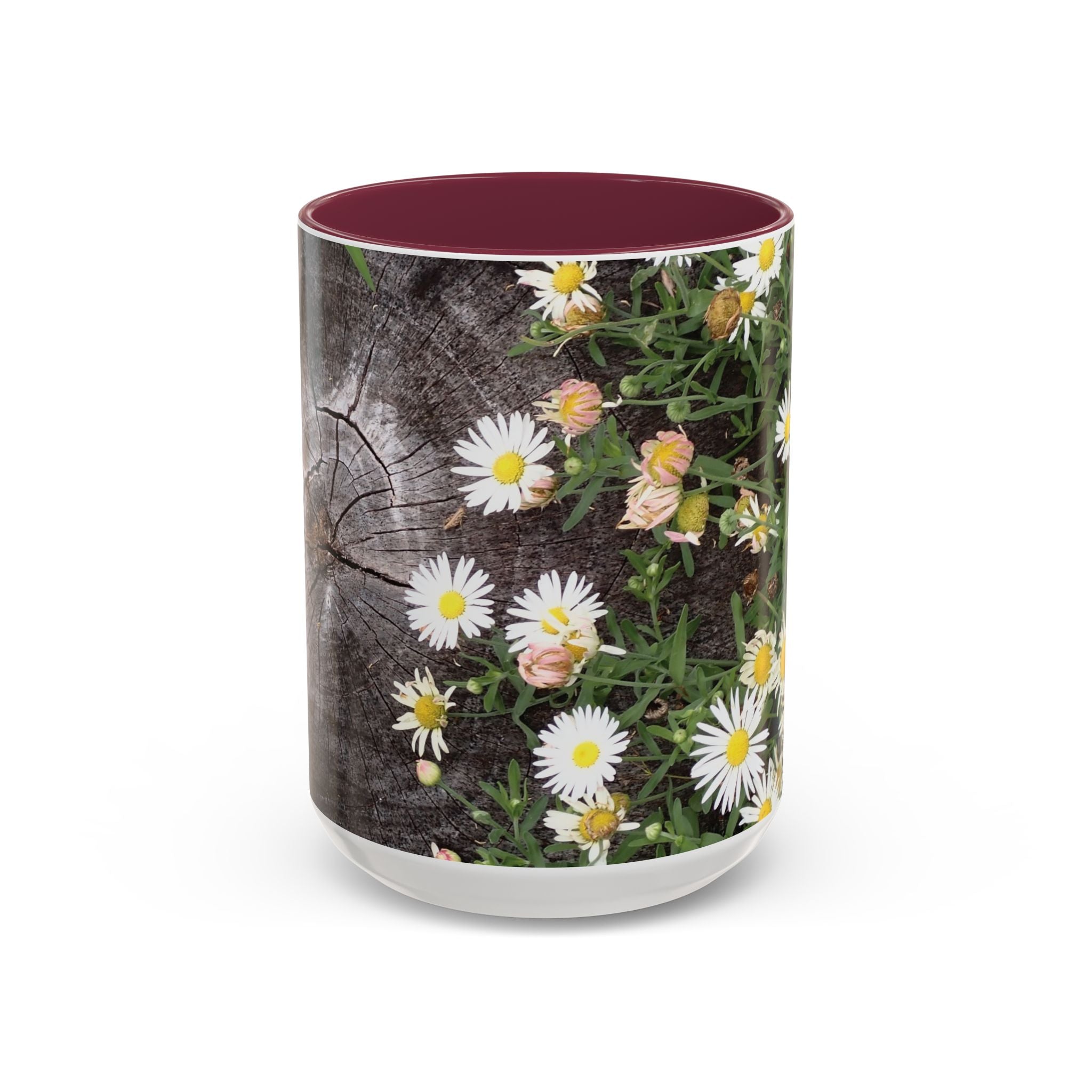 Daisy Floral Coffee Mug (11oz & 15oz) — White Daisies on Rustic Wood Background