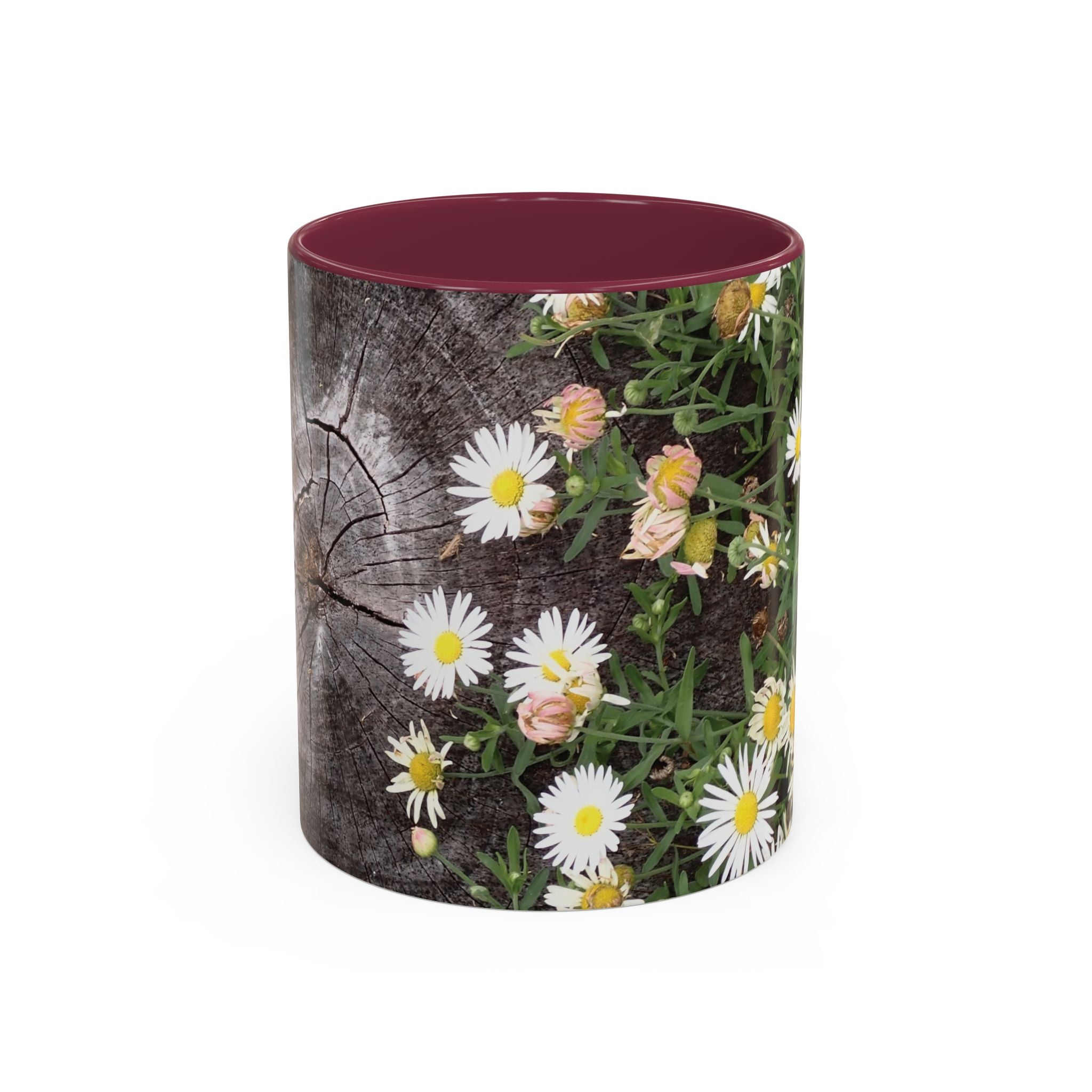 Daisy Floral Coffee Mug (11oz & 15oz) — White Daisies on Rustic Wood Background