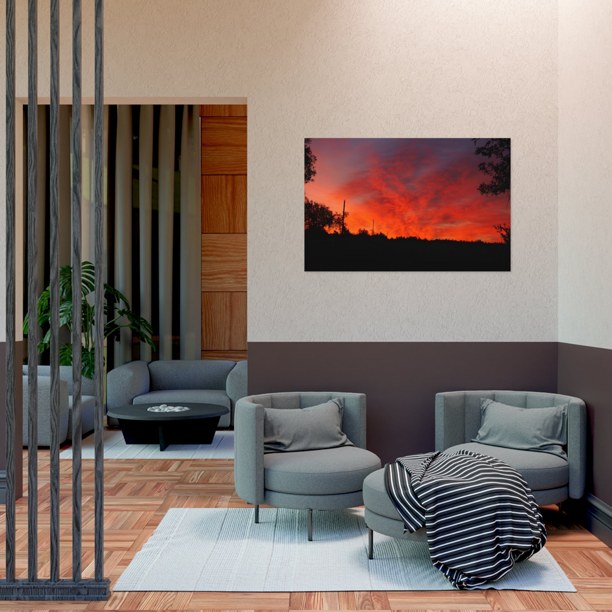 Sunset Landscape Poster — Vibrant Red Orange Sky Wall Art