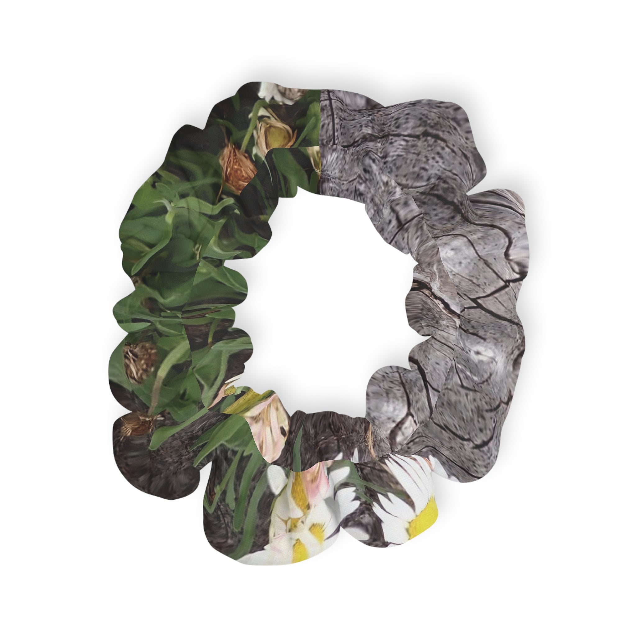 Daisy Garden Scrunchie — Floral Hair Accessory with Green & White Petal Print