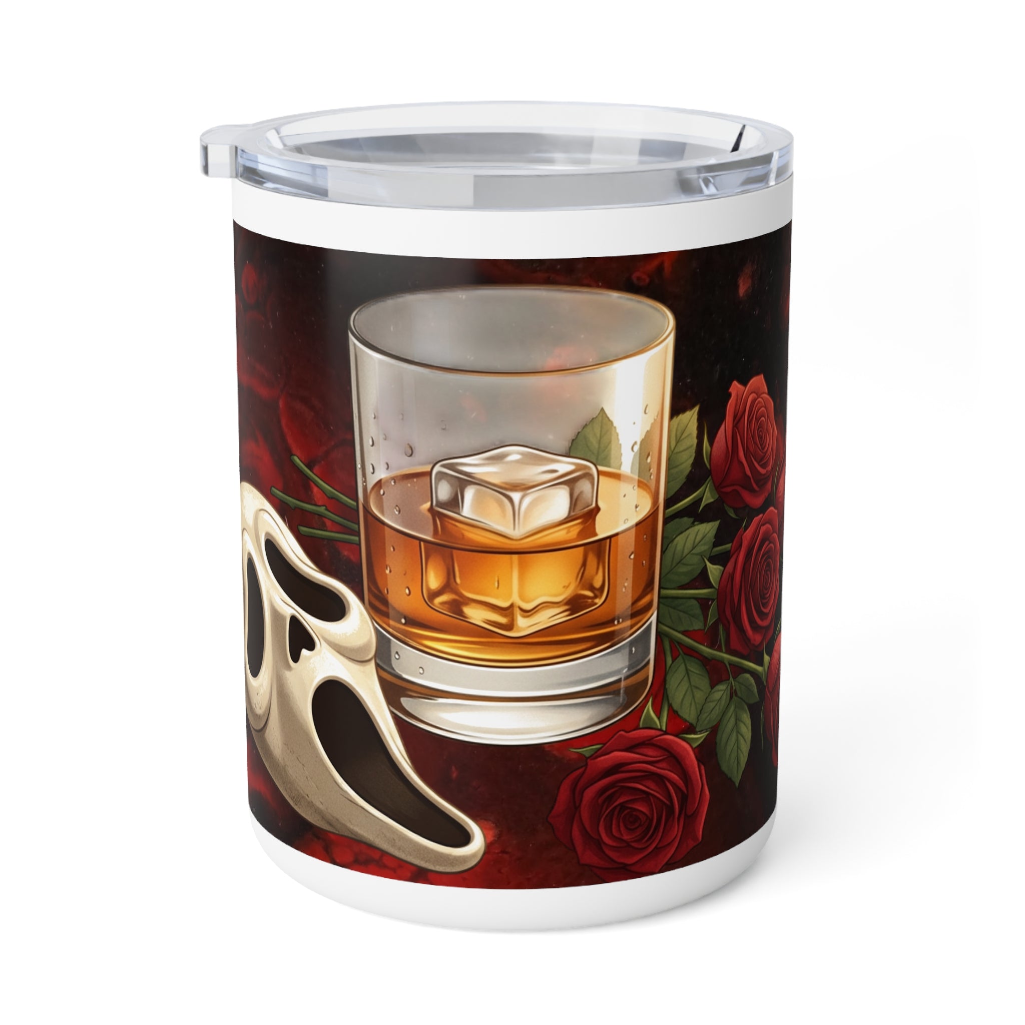 10oz Insulated Coffee Mug — Gothic Dark Romance Stalker Whiskey Glass & Skull Mask with Red Roses