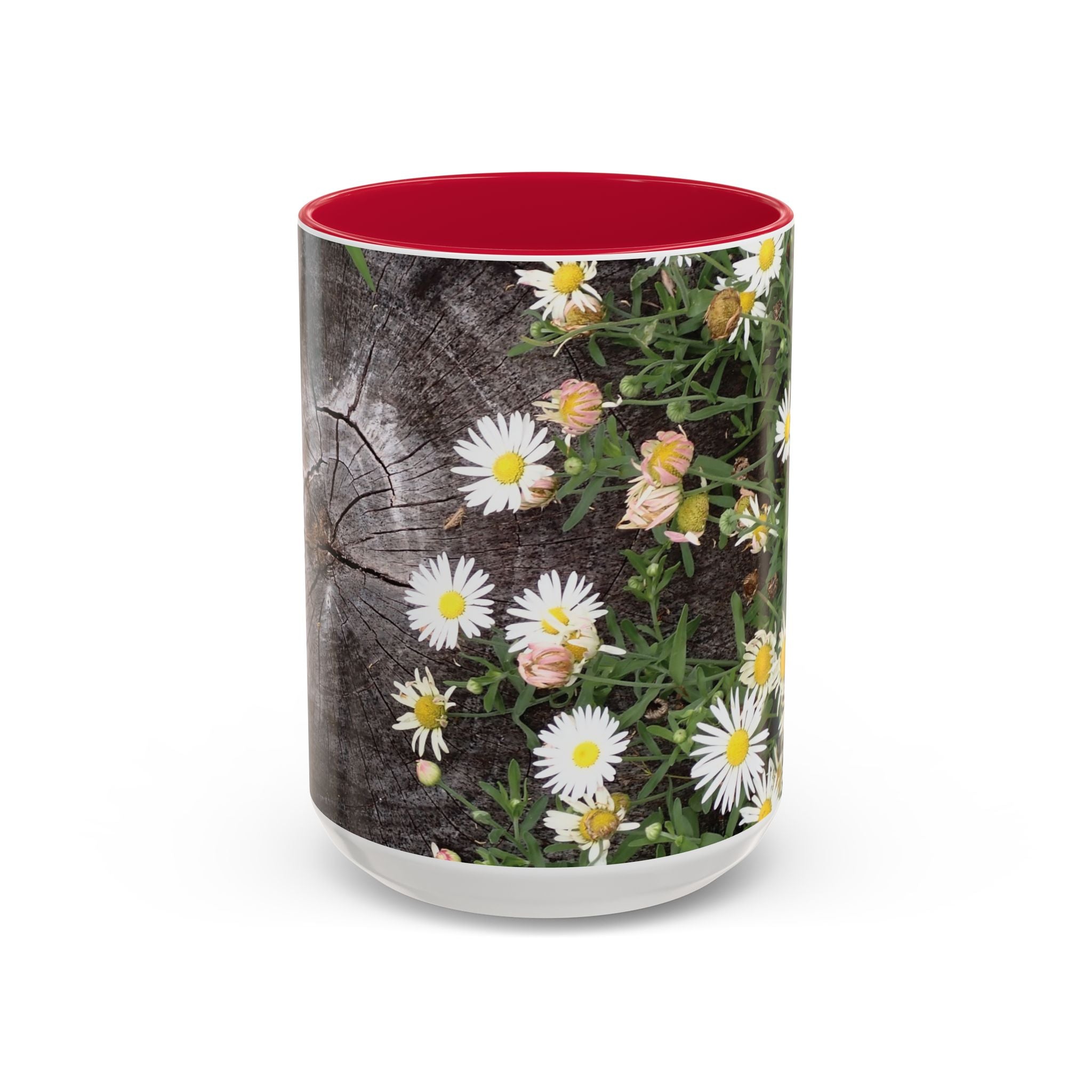 Daisy Floral Coffee Mug (11oz & 15oz) — White Daisies on Rustic Wood Background