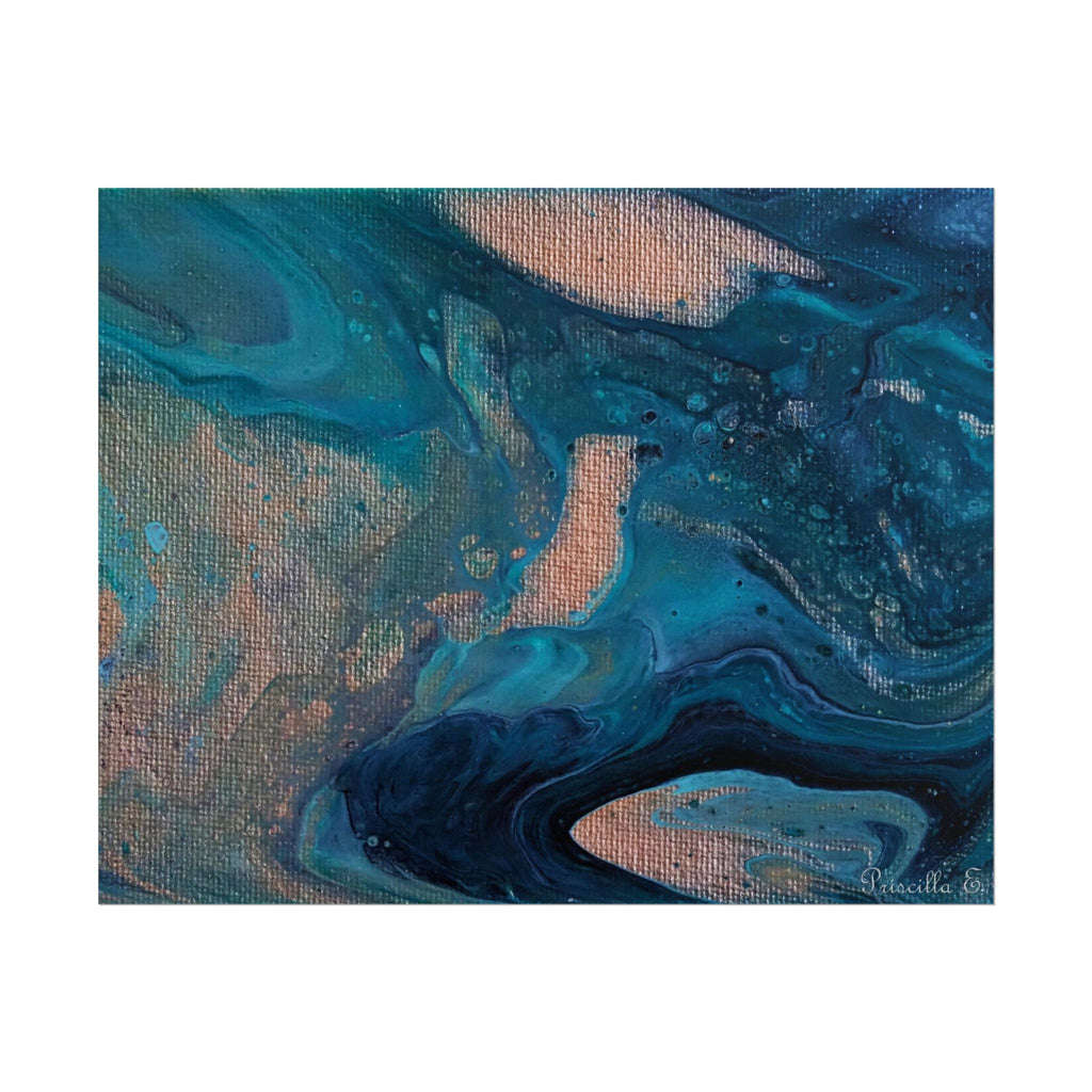 Ocean Abstract Rolled Poster — Blue Teal Gold Fluid Art Print