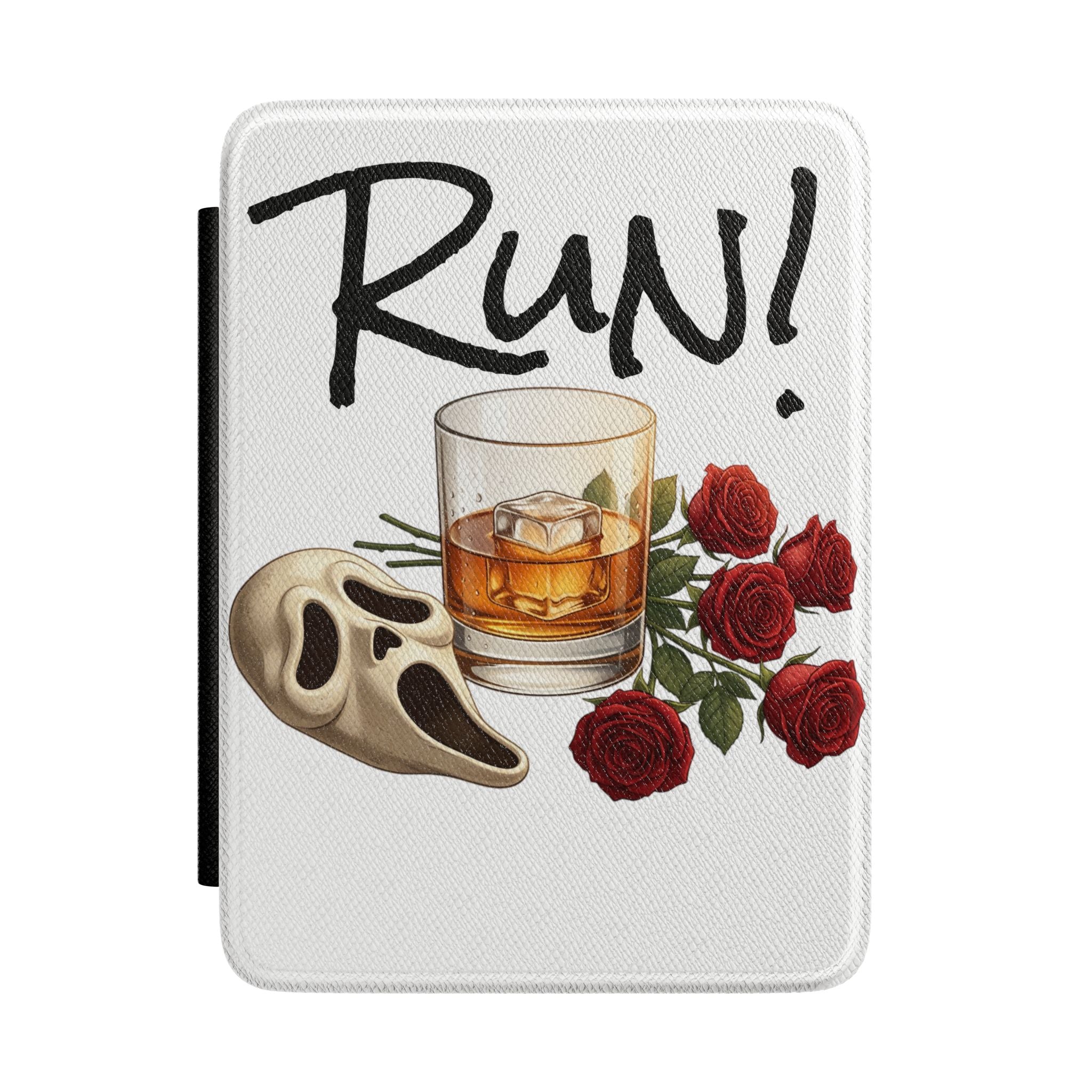 Run! Whiskey Glass & Roses Kindle Case — Spooky Floral E-Reader Cover