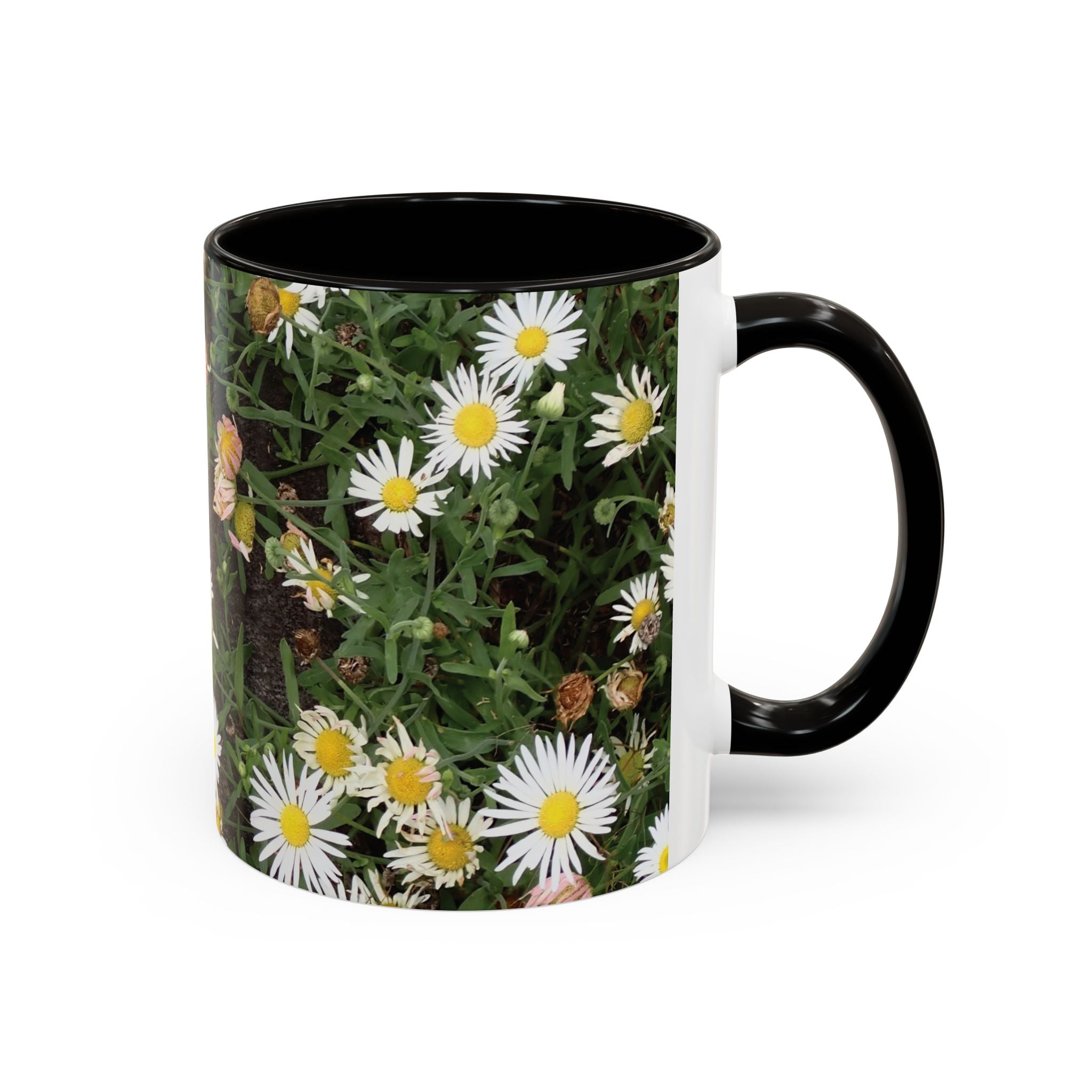 Daisy Floral Coffee Mug (11oz & 15oz) — White Daisies on Rustic Wood Background