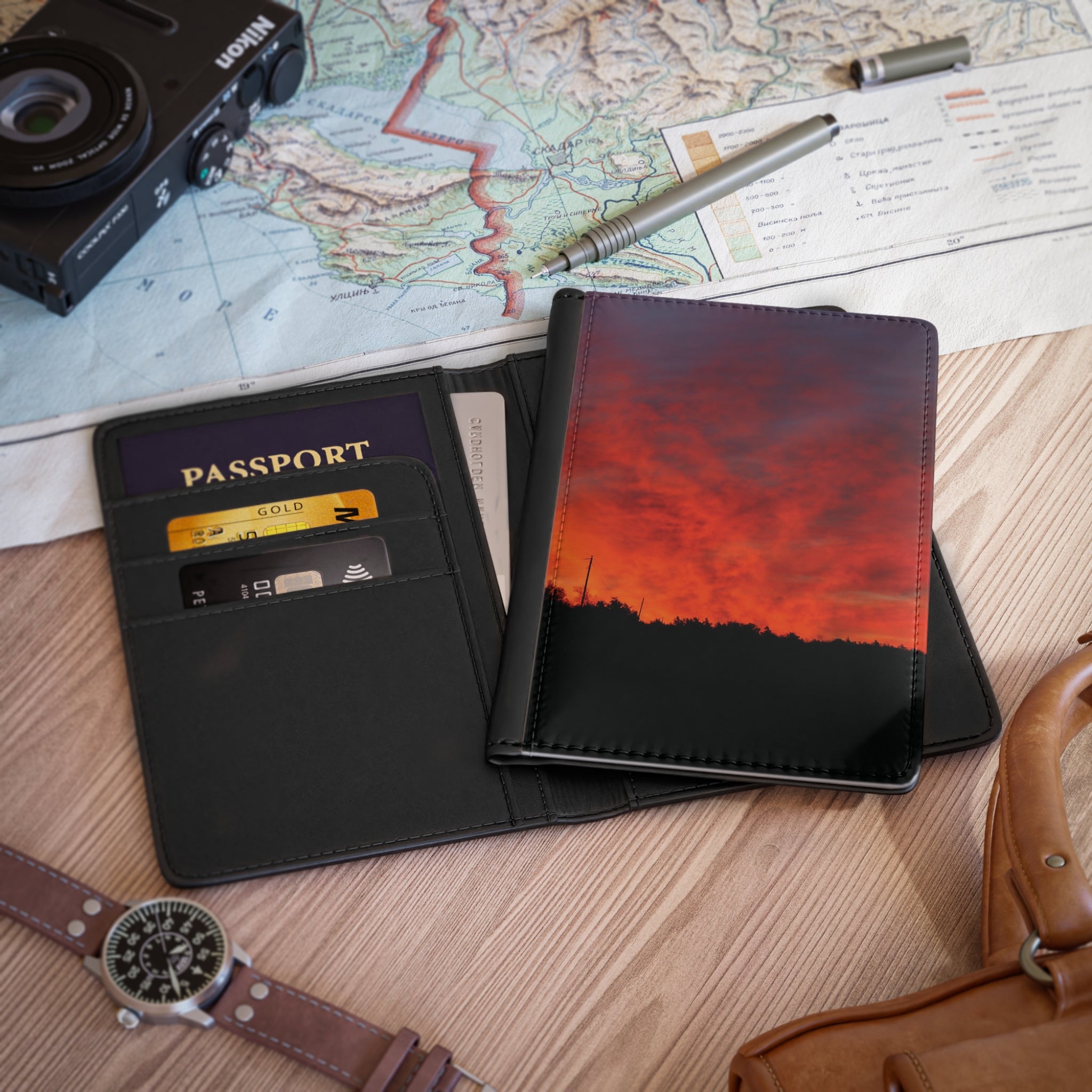 Sunset Skyline Passport Cover — Vibrant Red Sky Travel Wallet