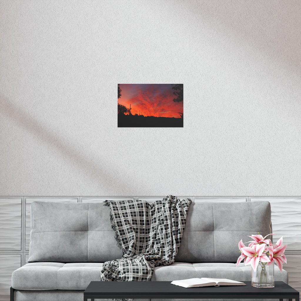 Sunset Landscape Poster — Vibrant Red Orange Sky Wall Art