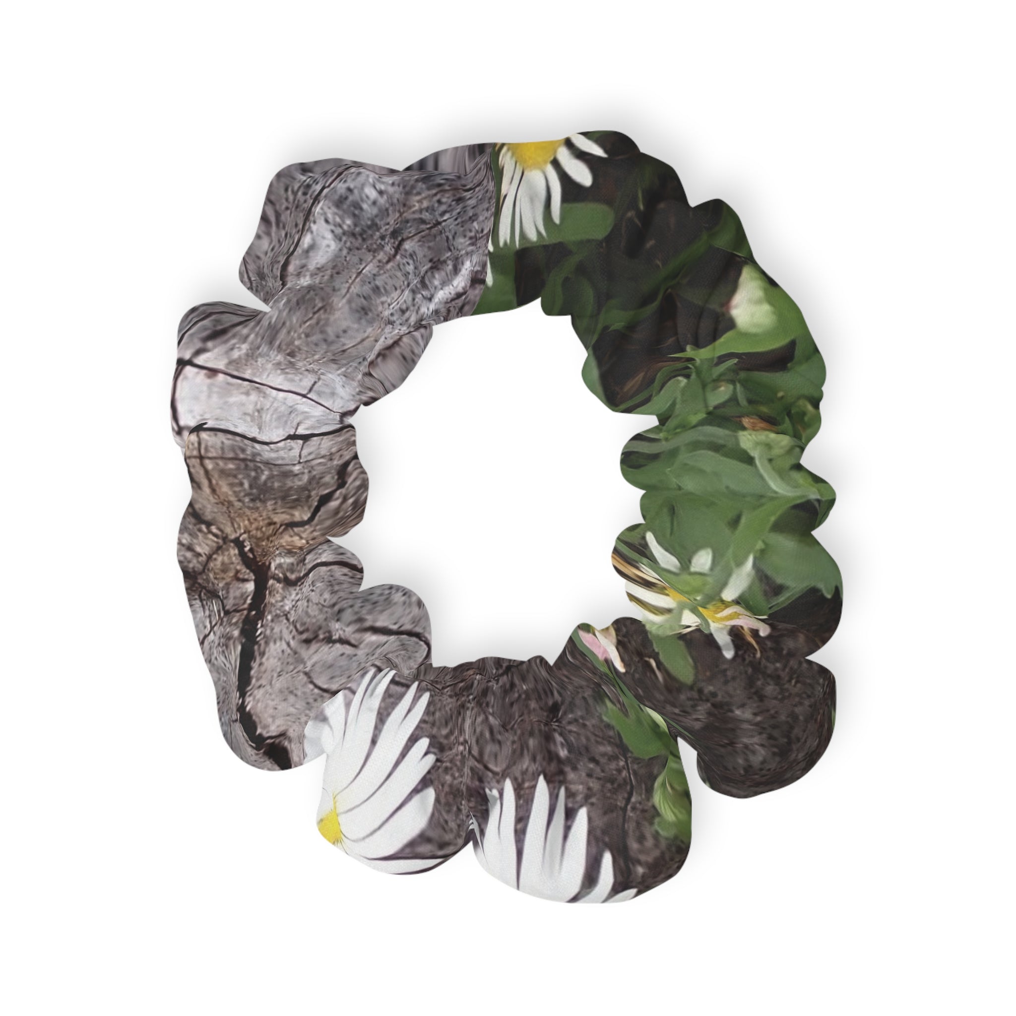 Daisy Garden Scrunchie — Floral Hair Accessory with Green & White Petal Print