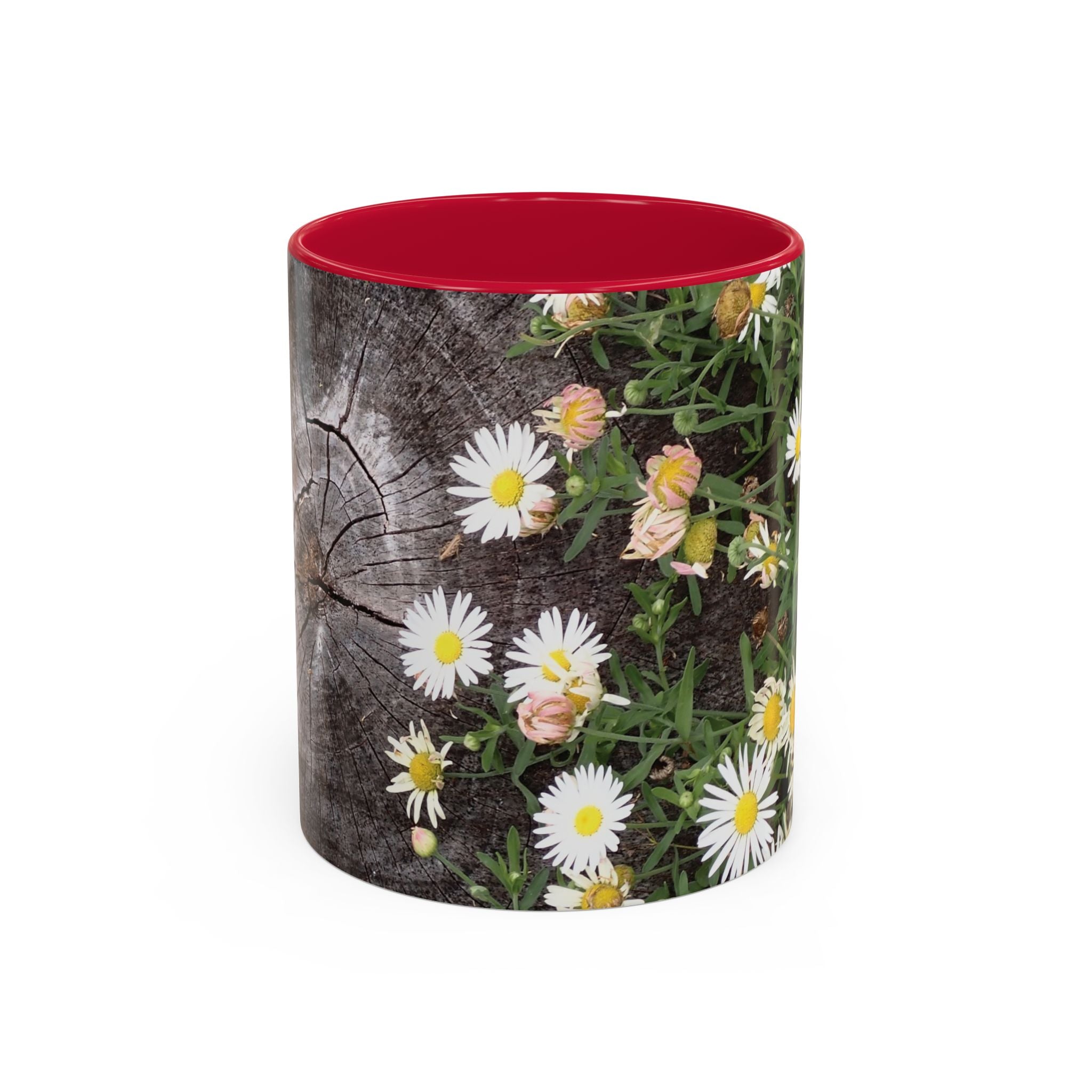 Daisy Floral Coffee Mug (11oz & 15oz) — White Daisies on Rustic Wood Background