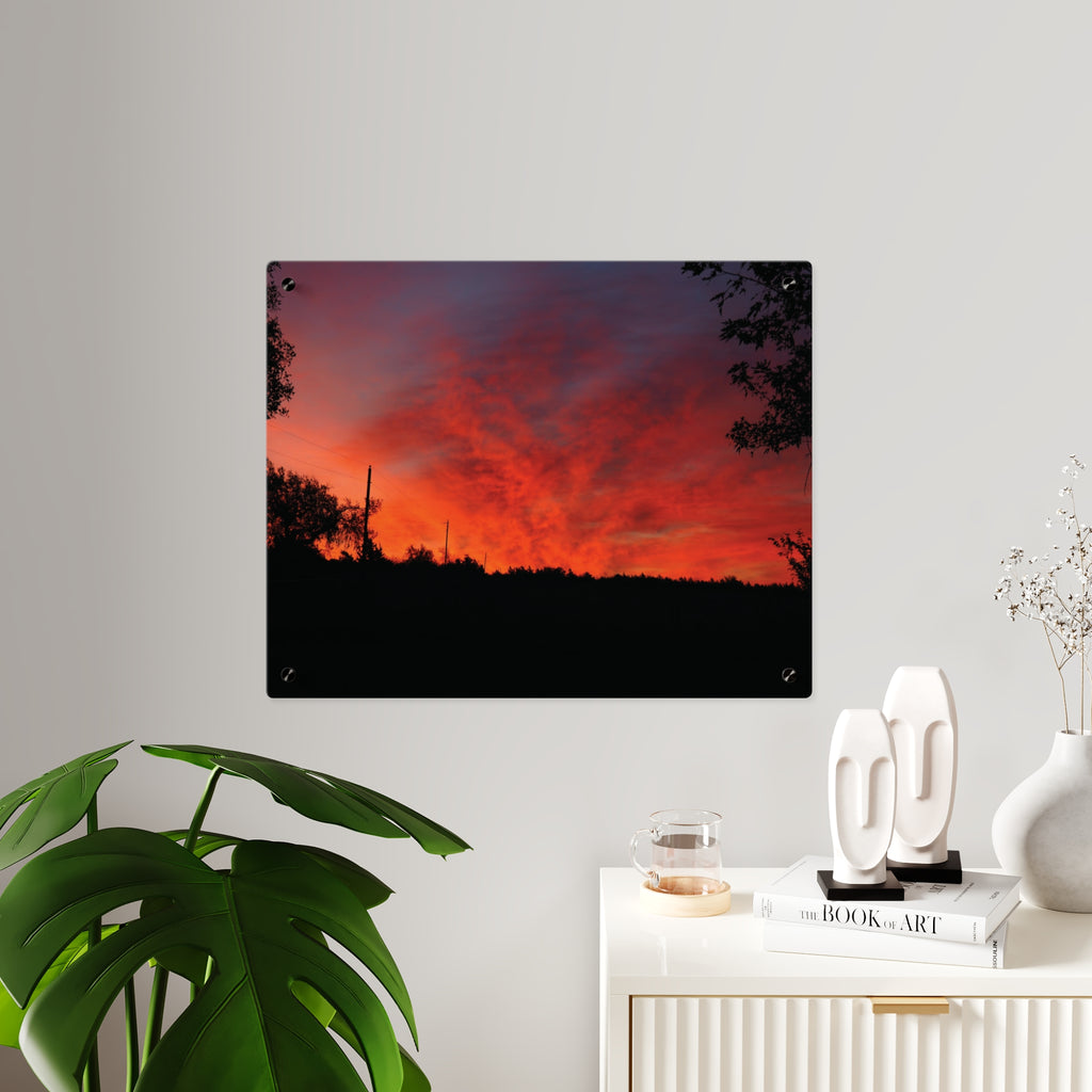 Sunset Silhouette Acrylic Wall Art Panel – Vibrant Red Orange Sky