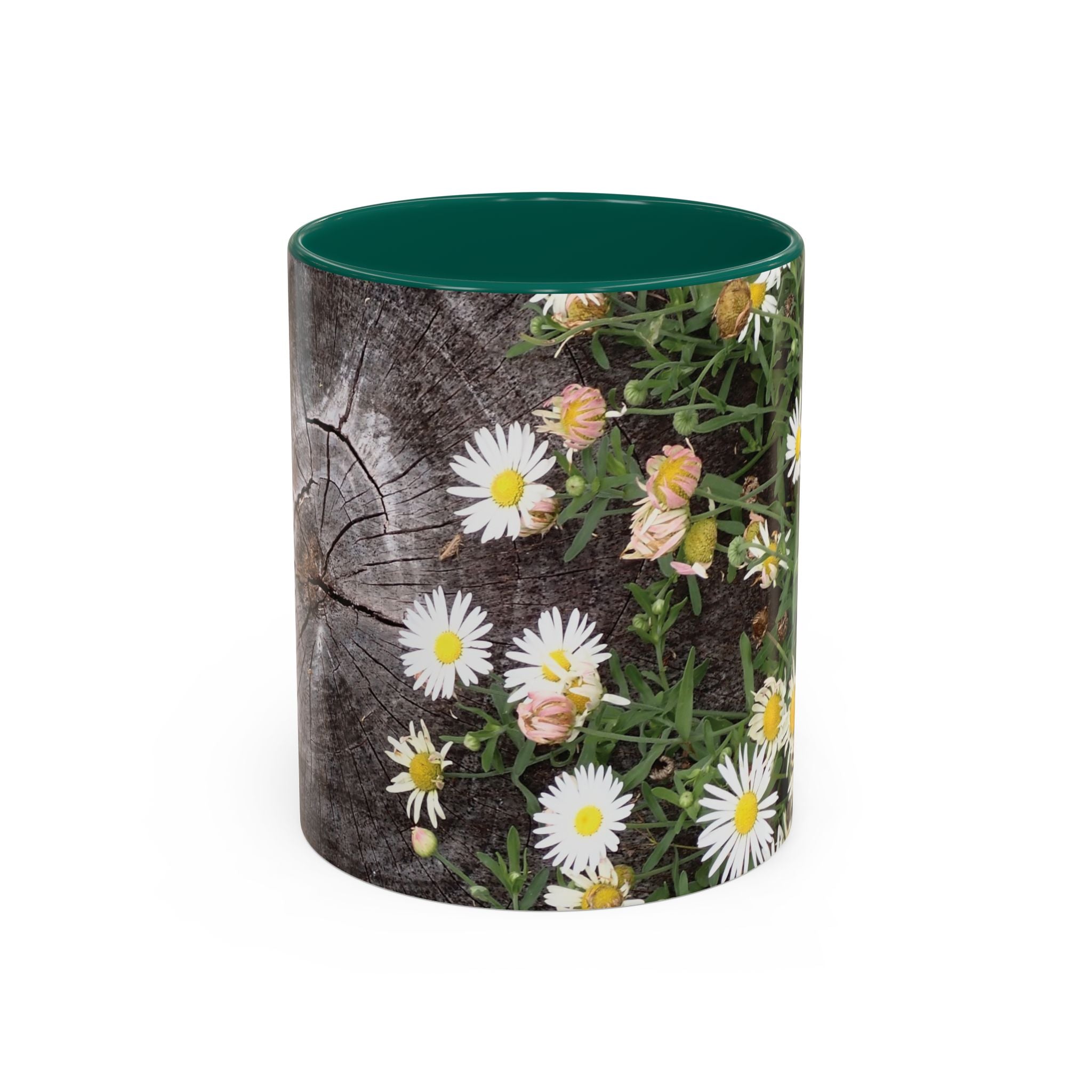 Daisy Floral Coffee Mug (11oz & 15oz) — White Daisies on Rustic Wood Background