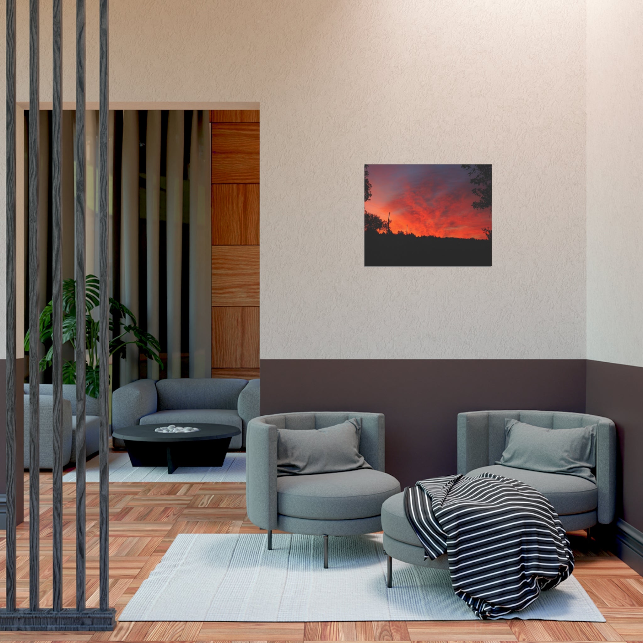 Sunset Landscape Poster — Vibrant Red Orange Sky Wall Art