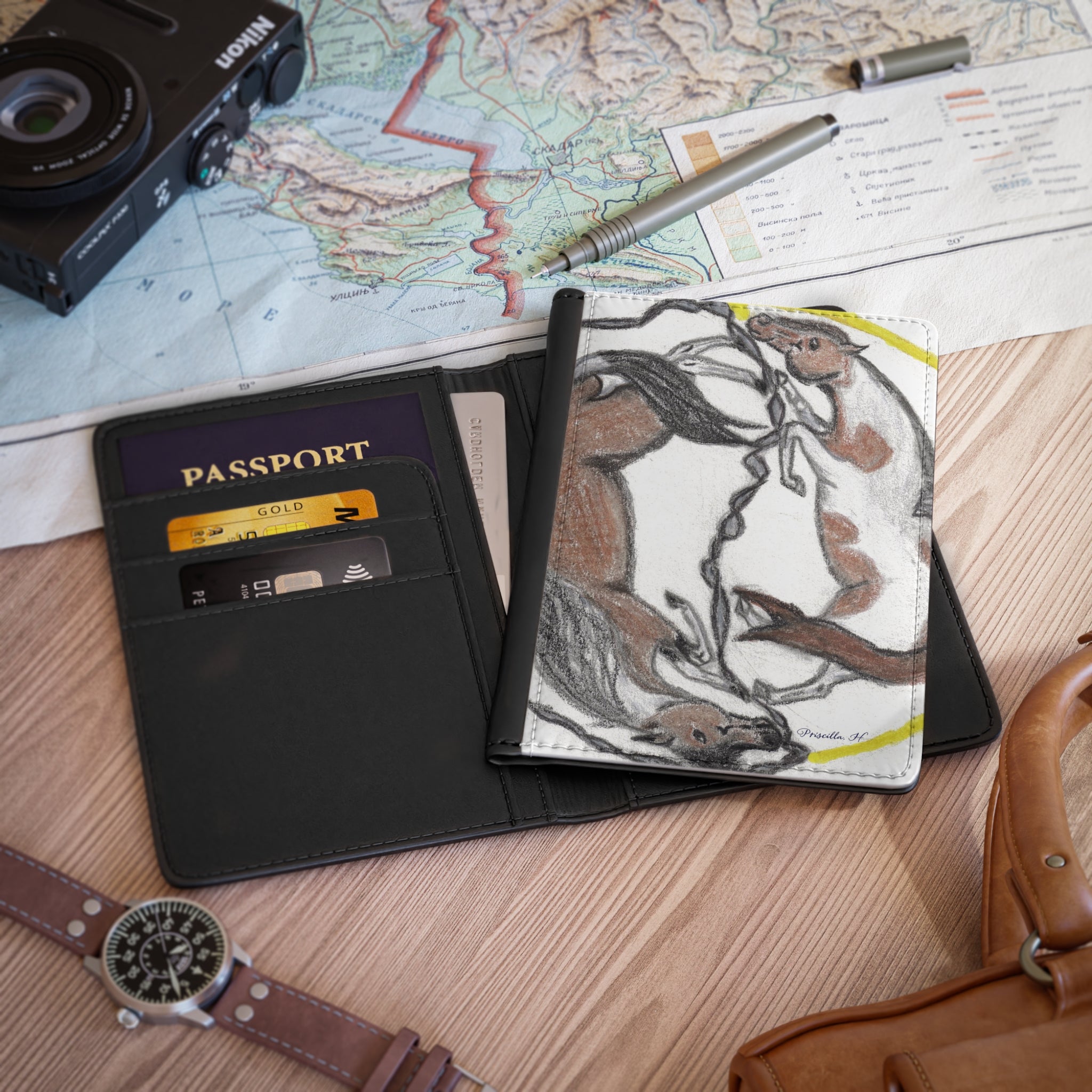 Horse Yin Yang Passport Cover — Hand-Drawn Horses Travel Wallet