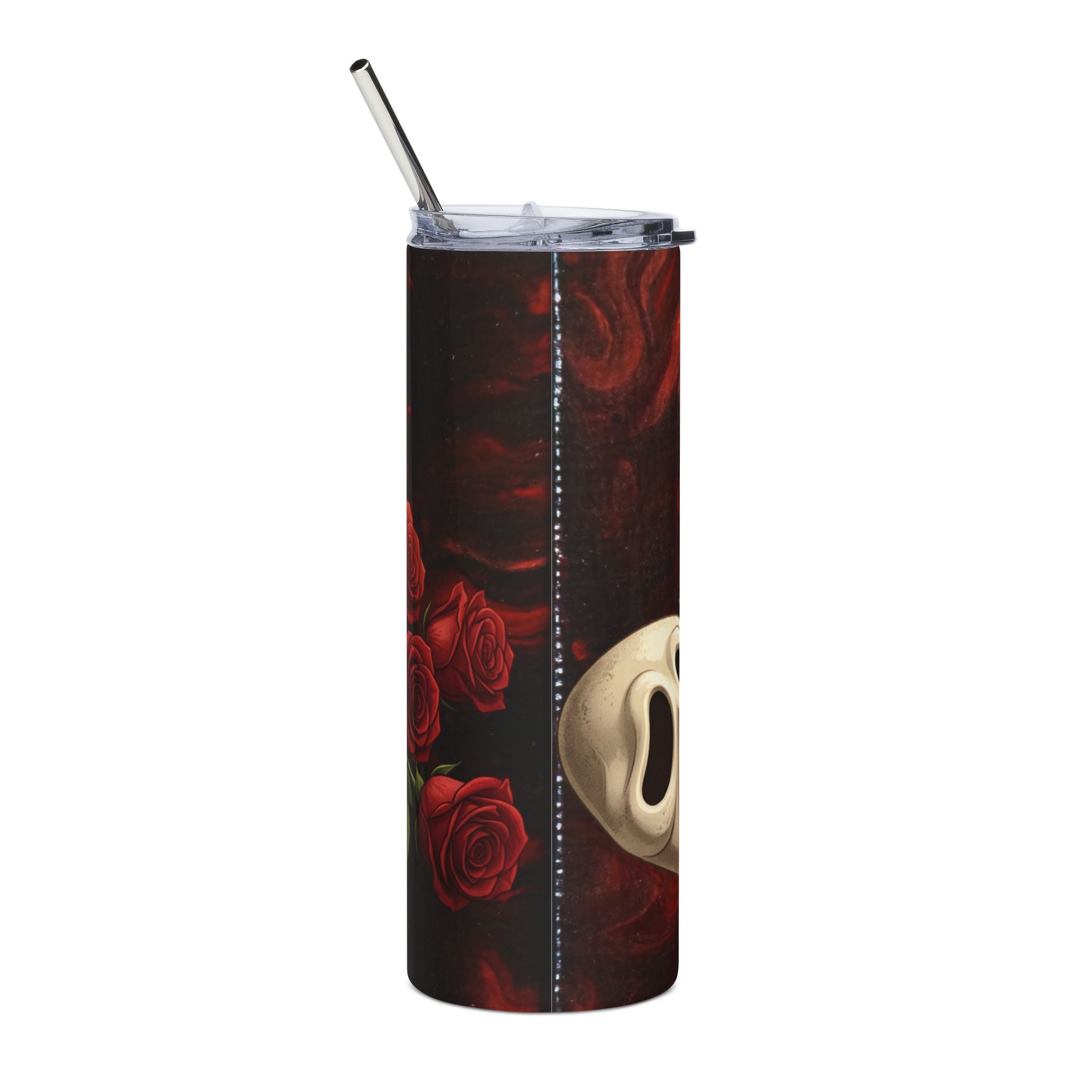 20oz Stainless Tumbler — Dark Romance Whiskey Glass & Theatrical Mask Design (Dark Red Roses)