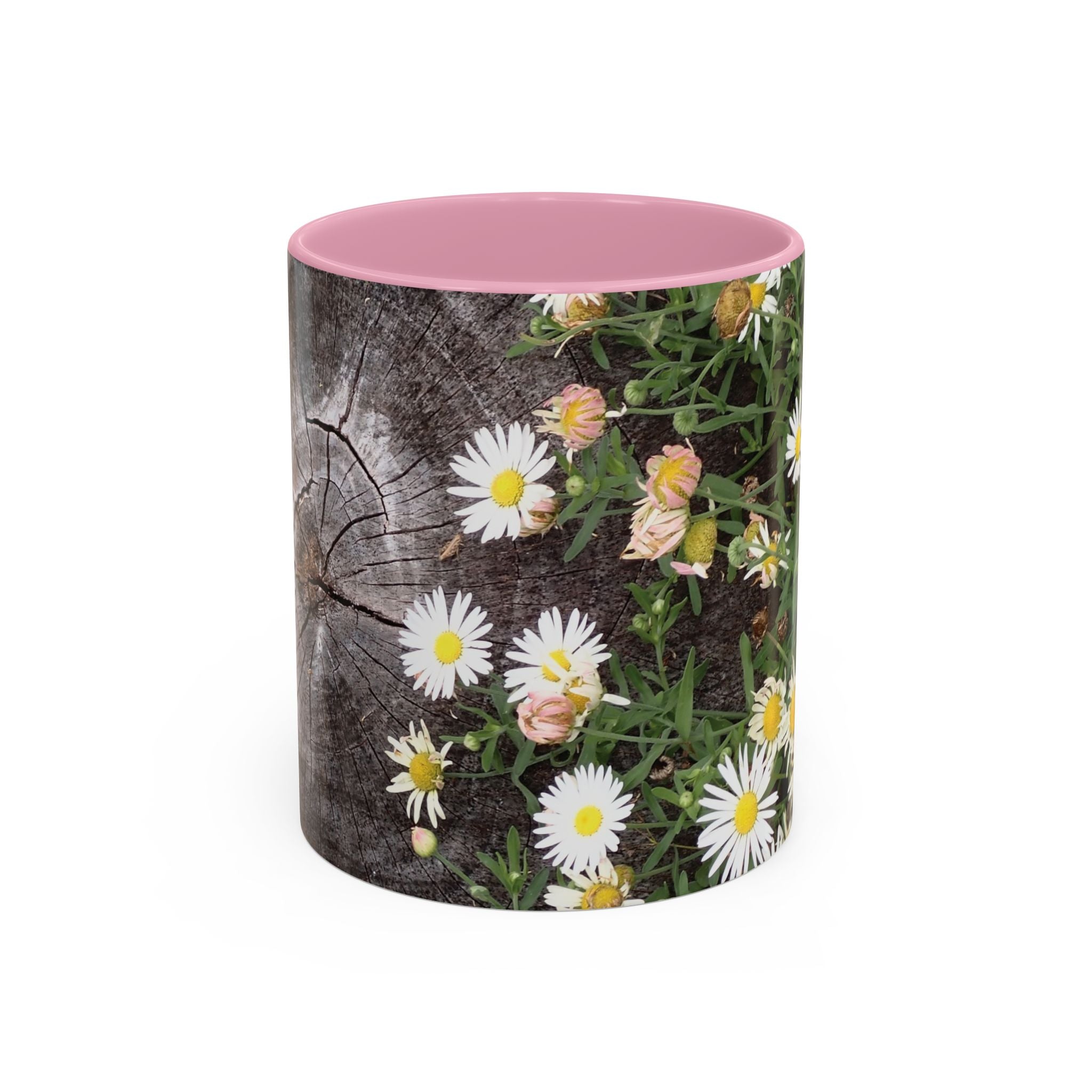 Daisy Floral Coffee Mug (11oz & 15oz) — White Daisies on Rustic Wood Background