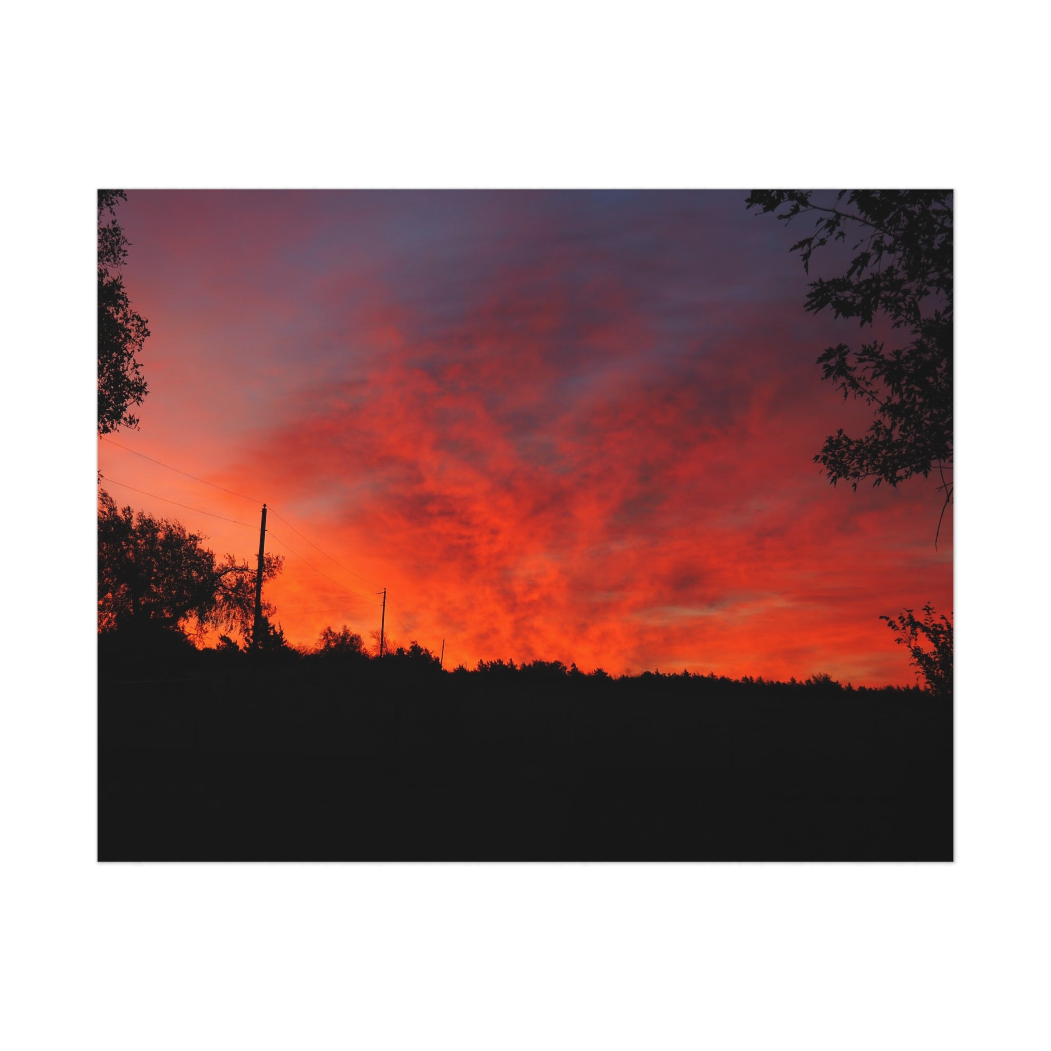 Sunset Landscape Poster — Vibrant Red Orange Sky Wall Art