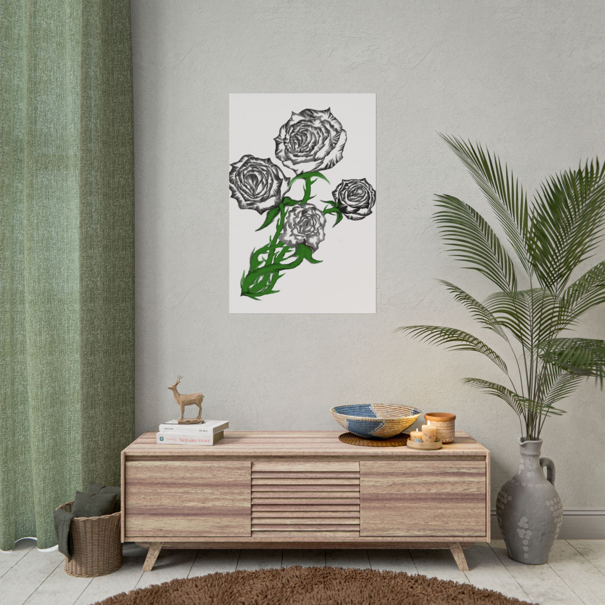 Rolled Poster — Hand-Drawn Black Rose Bouquet Floral Art Print