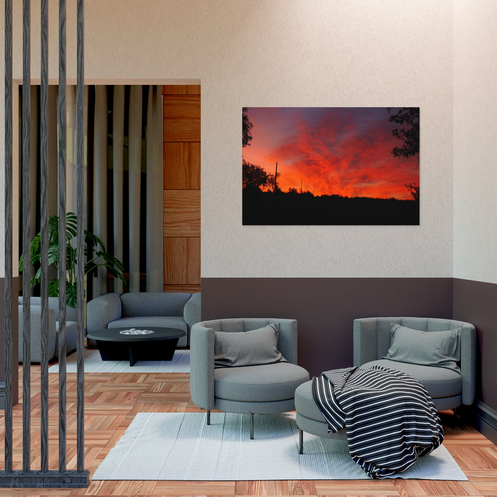 Sunset Landscape Poster — Vibrant Red Orange Sky Wall Art