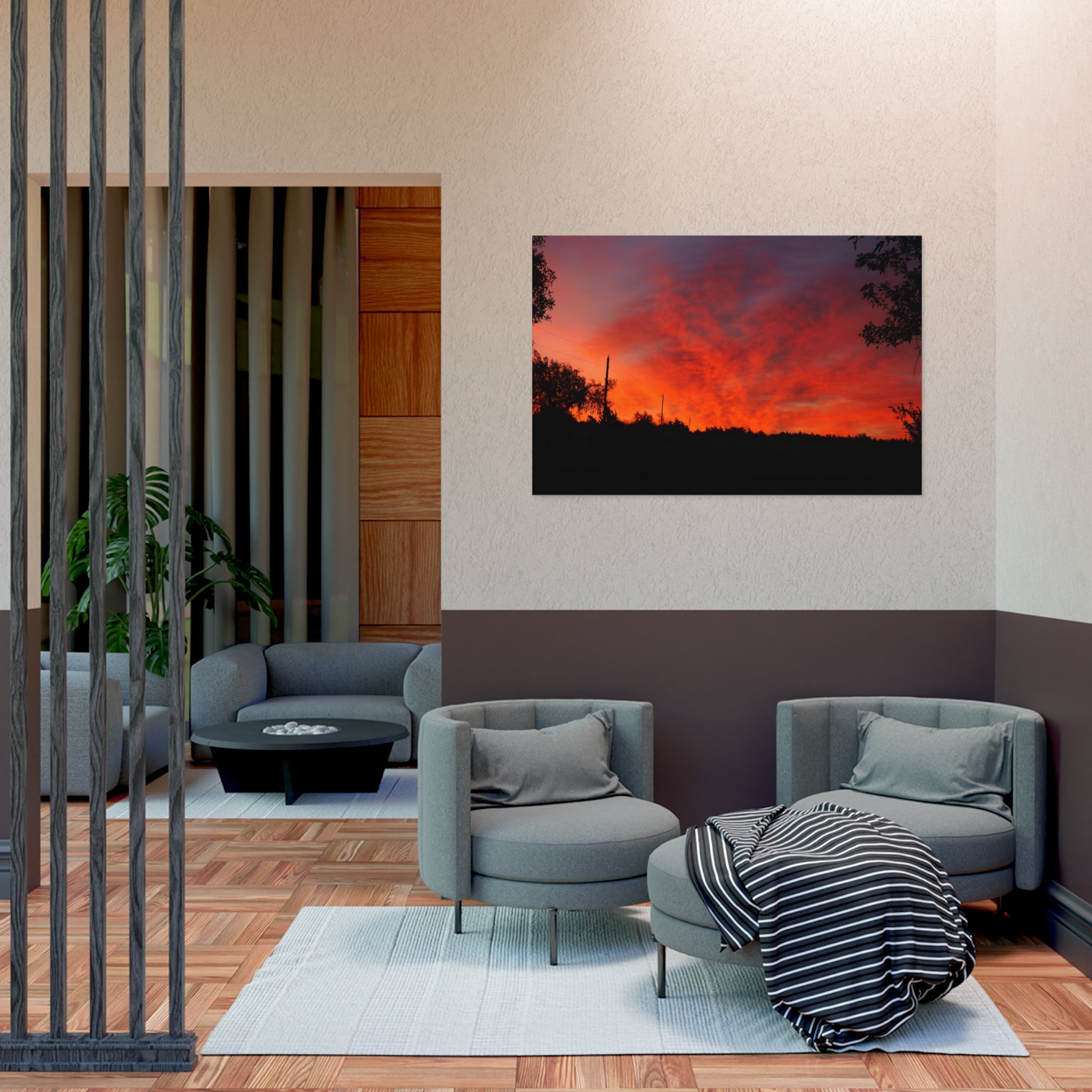 Sunset Landscape Poster — Vibrant Red Orange Sky Wall Art