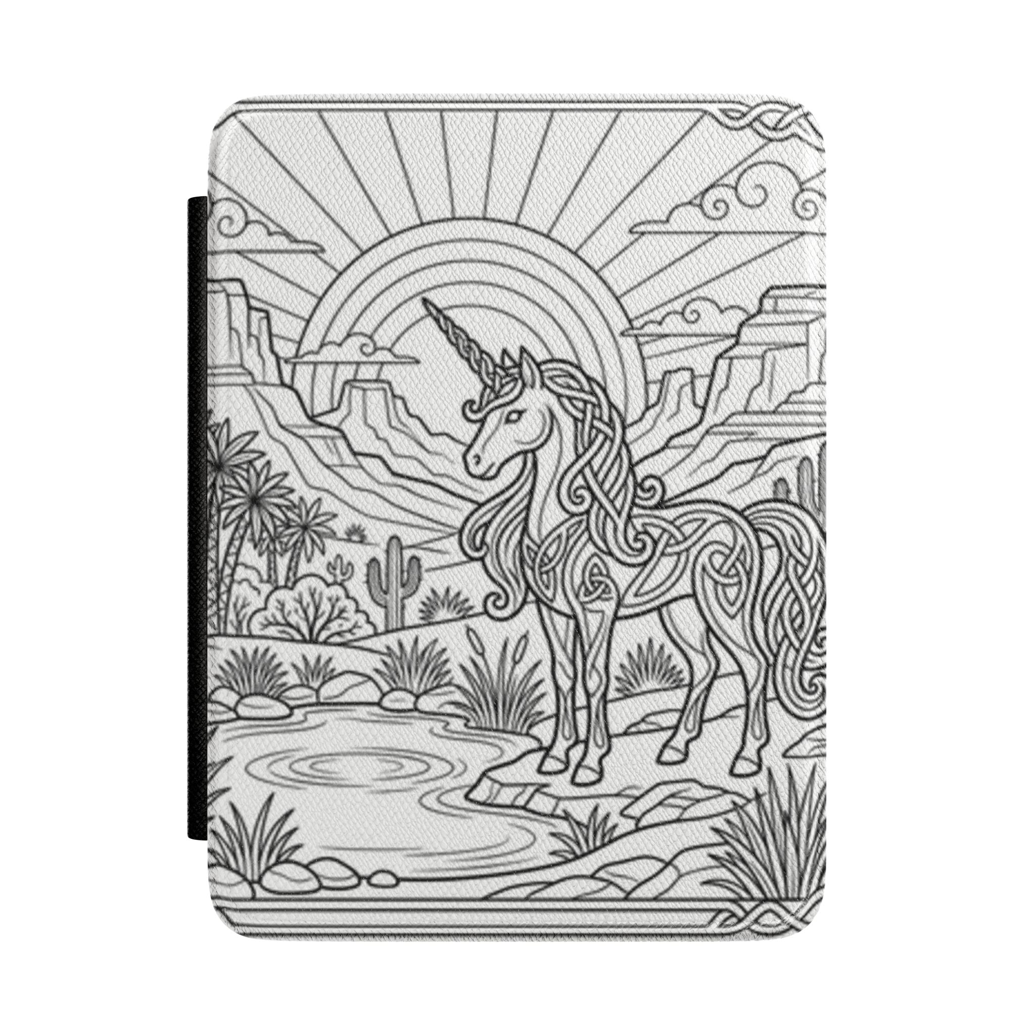 Unicorn Desert Kindle Case — Intricate Line Art Fantasy E-Reader Cover