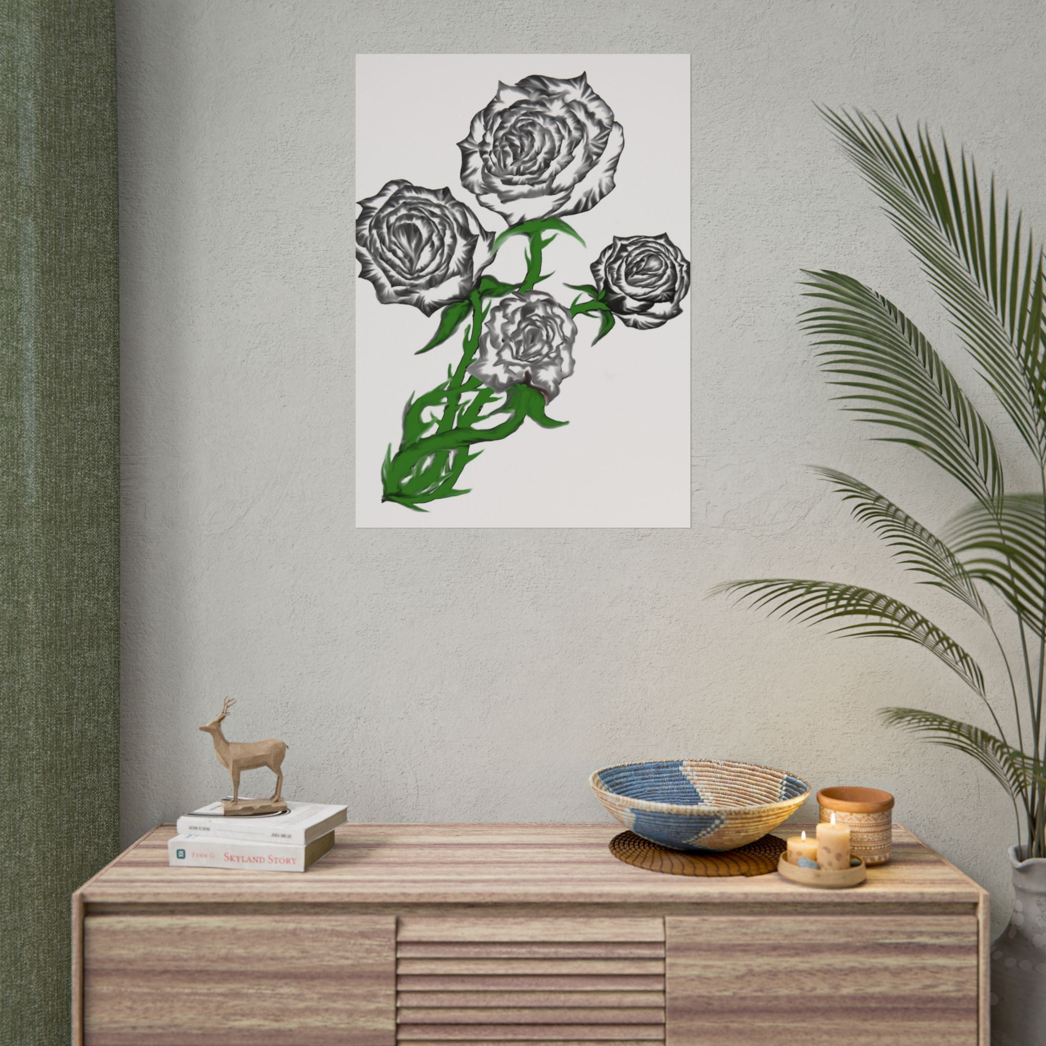 Rolled Poster — Hand-Drawn Black Rose Bouquet Floral Art Print