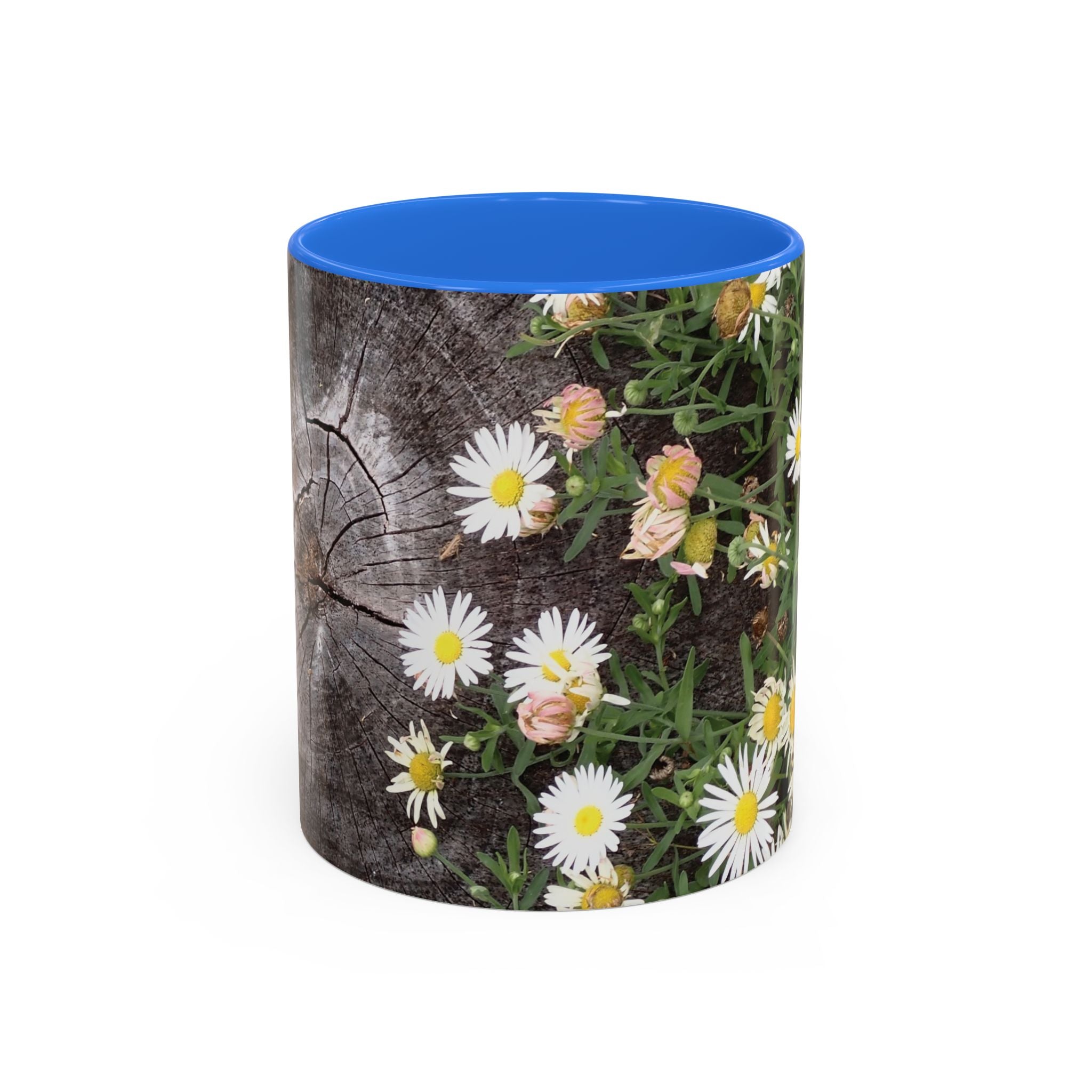 Daisy Floral Coffee Mug (11oz & 15oz) — White Daisies on Rustic Wood Background