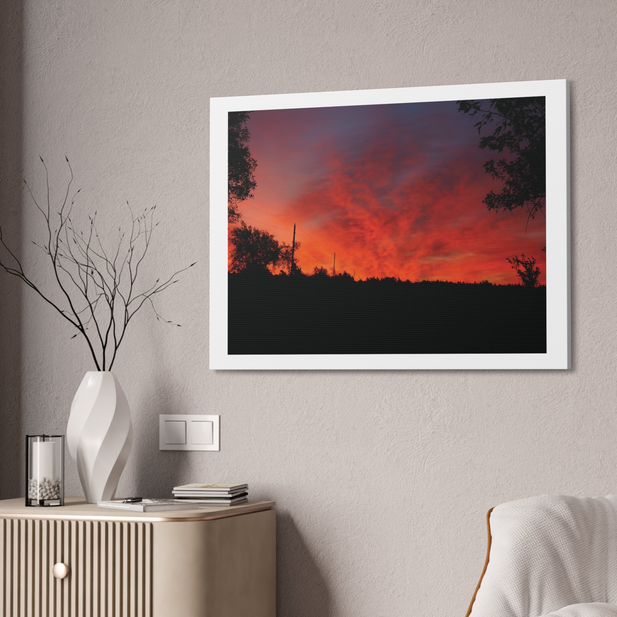 Sunset Silhouette Canvas Print — Fiery Red Orange Sky Wall Art