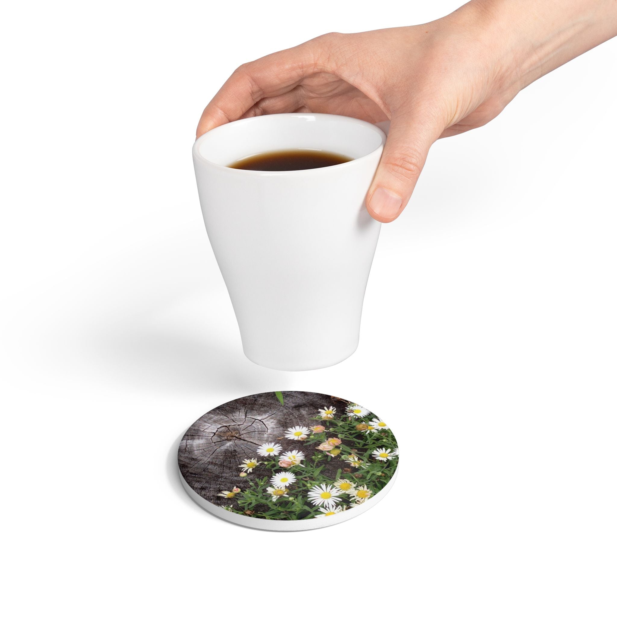 Daisy Meadow Ceramic Coaster — Rustic Wood Stump Floral Drink Mat