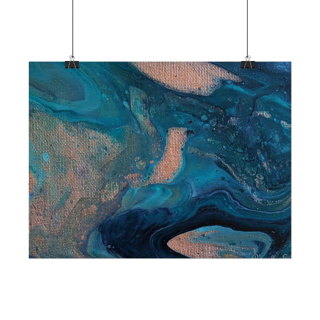 Ocean Abstract Rolled Poster — Blue Teal Gold Fluid Art Print