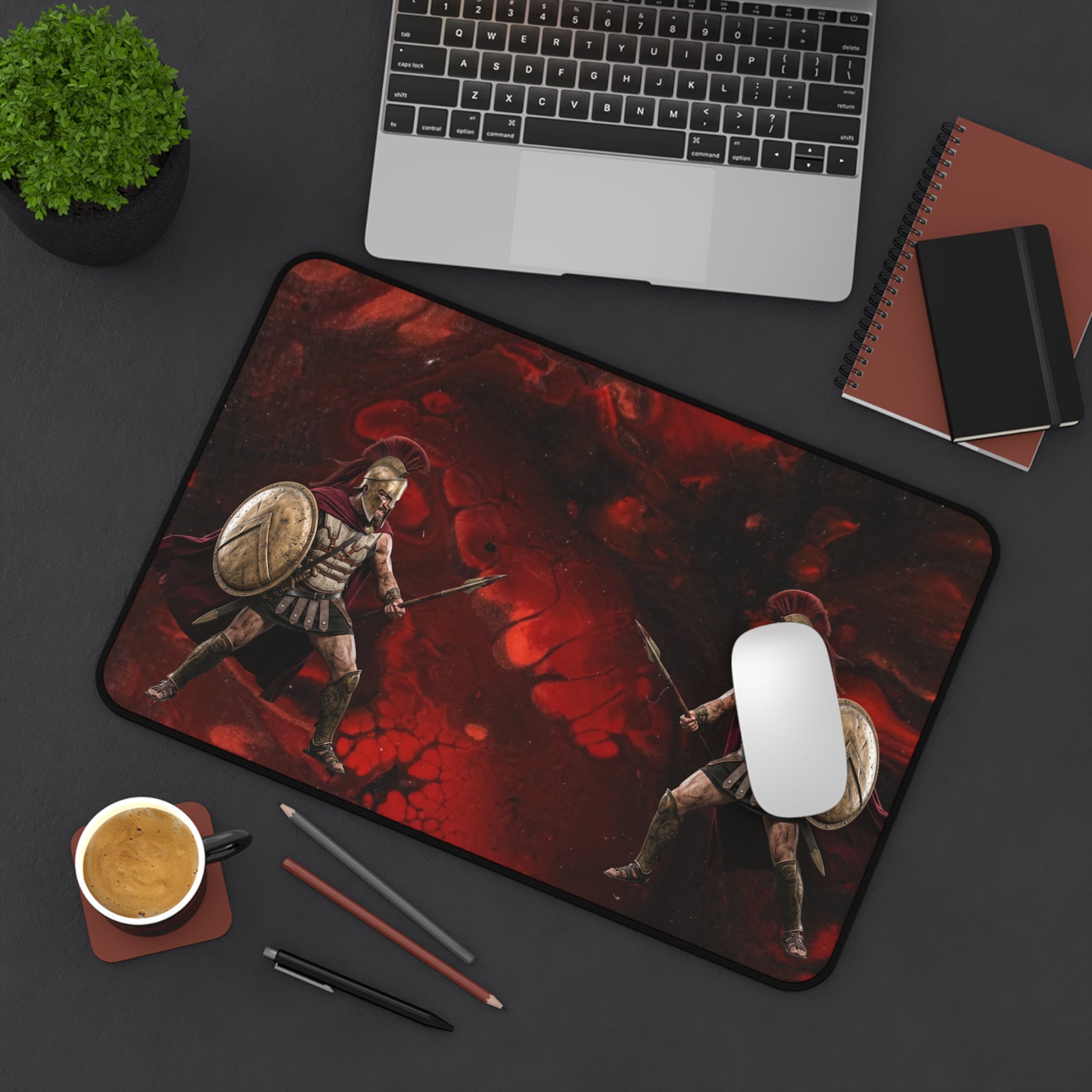 Spartan Warriors Desk Mat — Red Battle Scene Gaming Mouse Pad