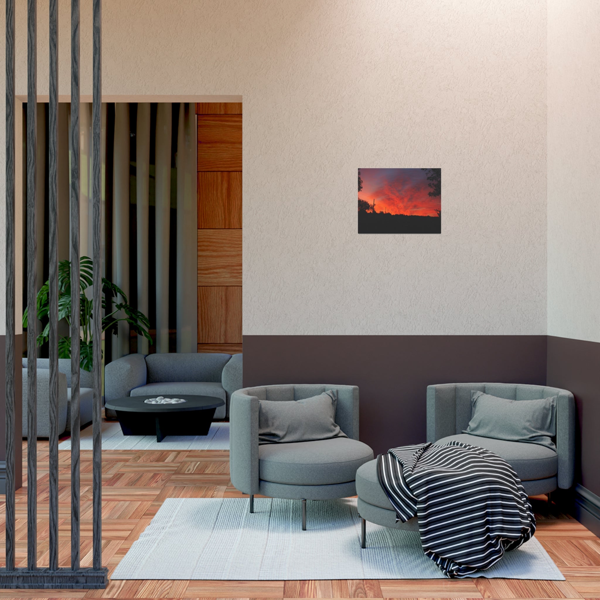 Sunset Landscape Poster — Vibrant Red Orange Sky Wall Art