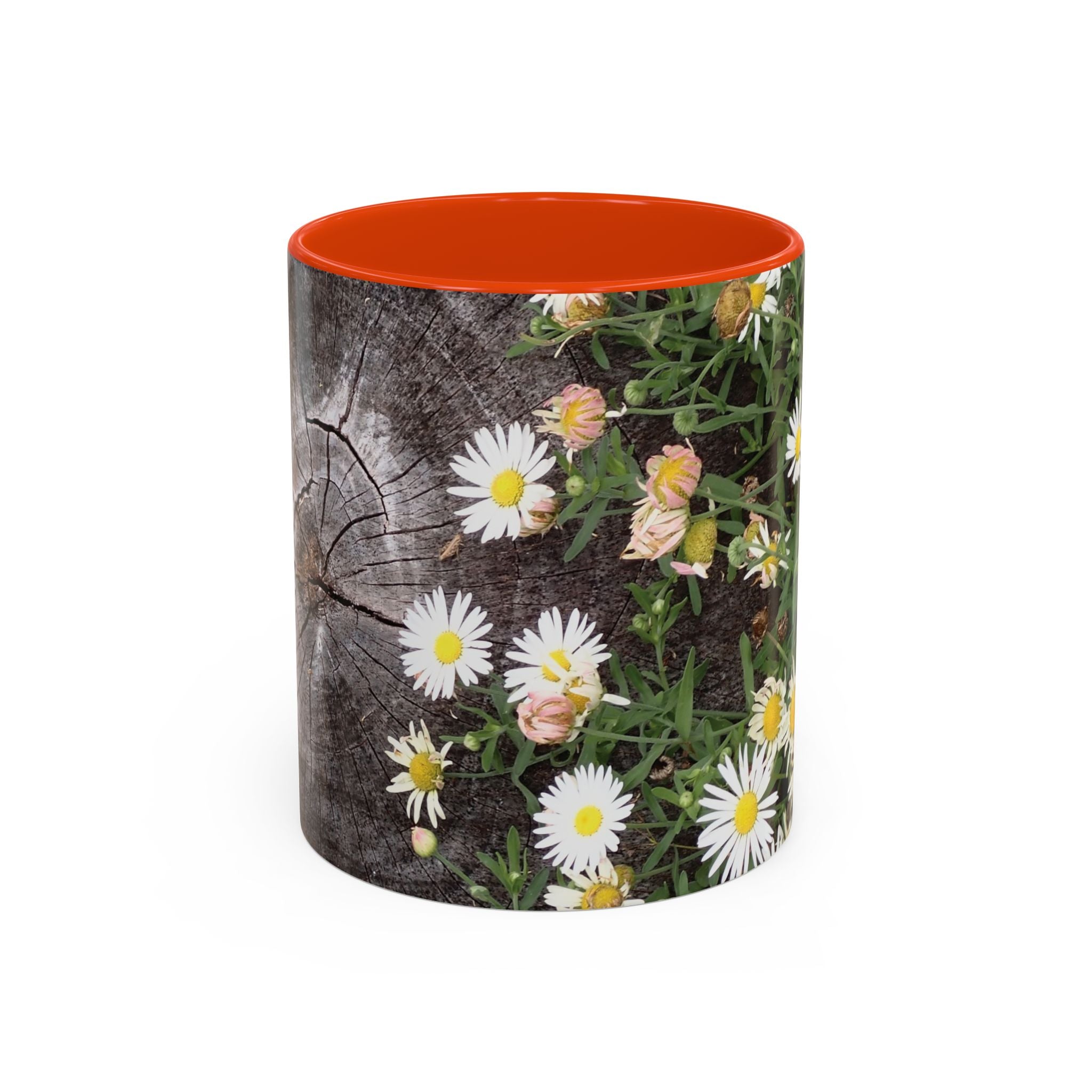 Daisy Floral Coffee Mug (11oz & 15oz) — White Daisies on Rustic Wood Background