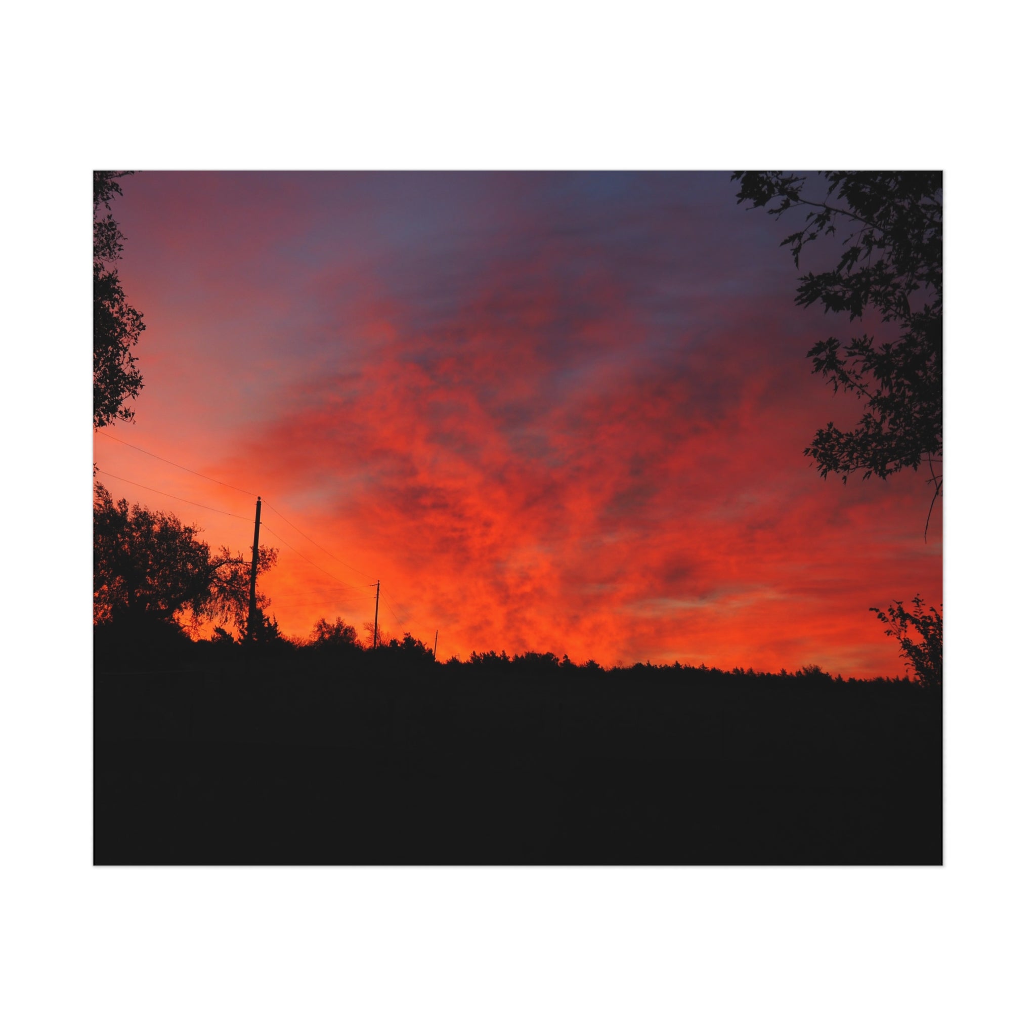 Sunset Landscape Poster — Vibrant Red Orange Sky Wall Art