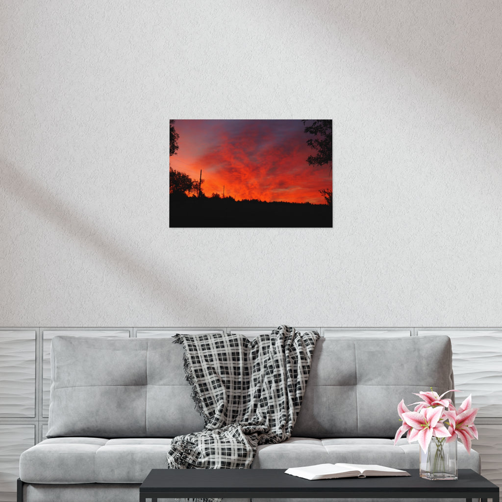 Sunset Landscape Poster — Vibrant Red Orange Sky Wall Art