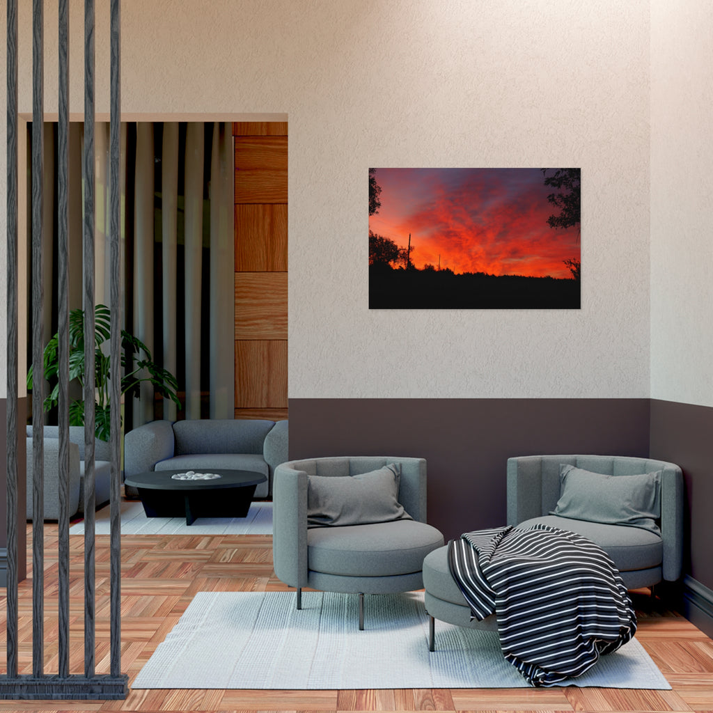 Sunset Landscape Poster — Vibrant Red Orange Sky Wall Art