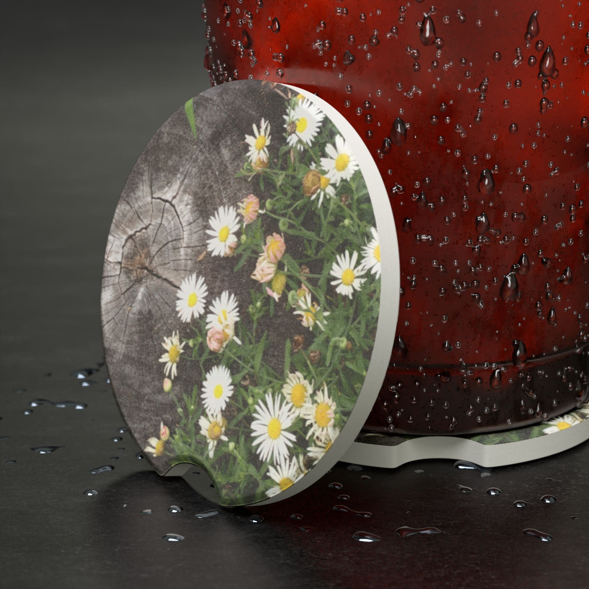 Daisy Meadow Soapstone Car Coaster — Floral Car Cupholder Absorbent Coaster