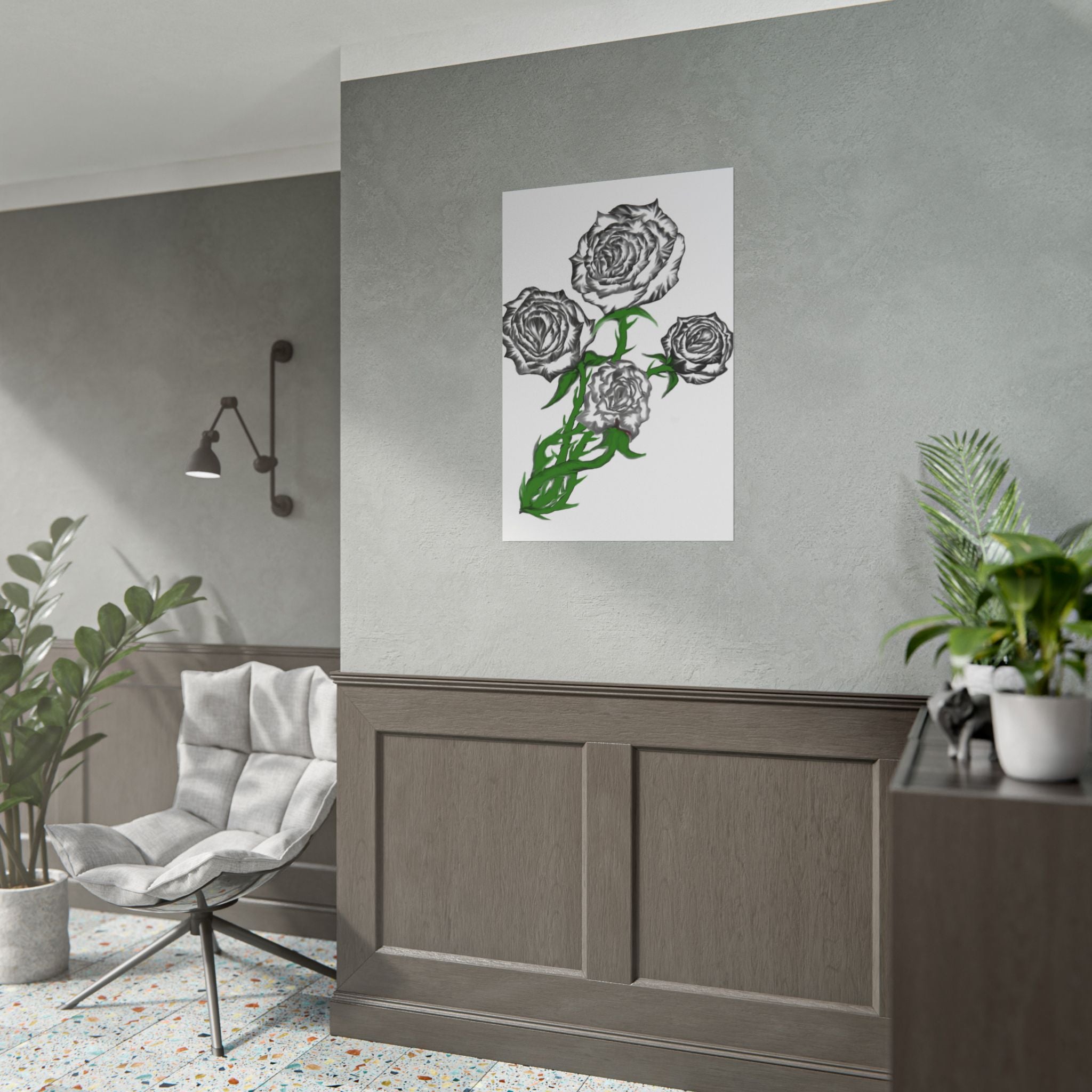 Rolled Poster — Hand-Drawn Black Rose Bouquet Floral Art Print