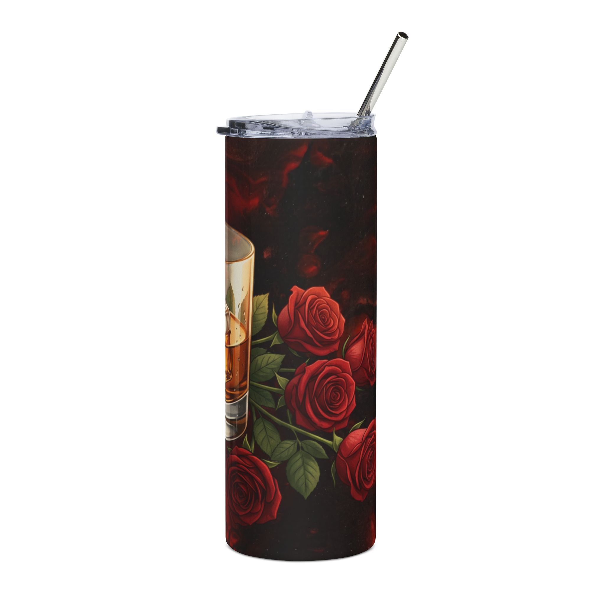 20oz Stainless Tumbler — Dark Romance Whiskey Glass & Theatrical Mask Design (Dark Red Roses)